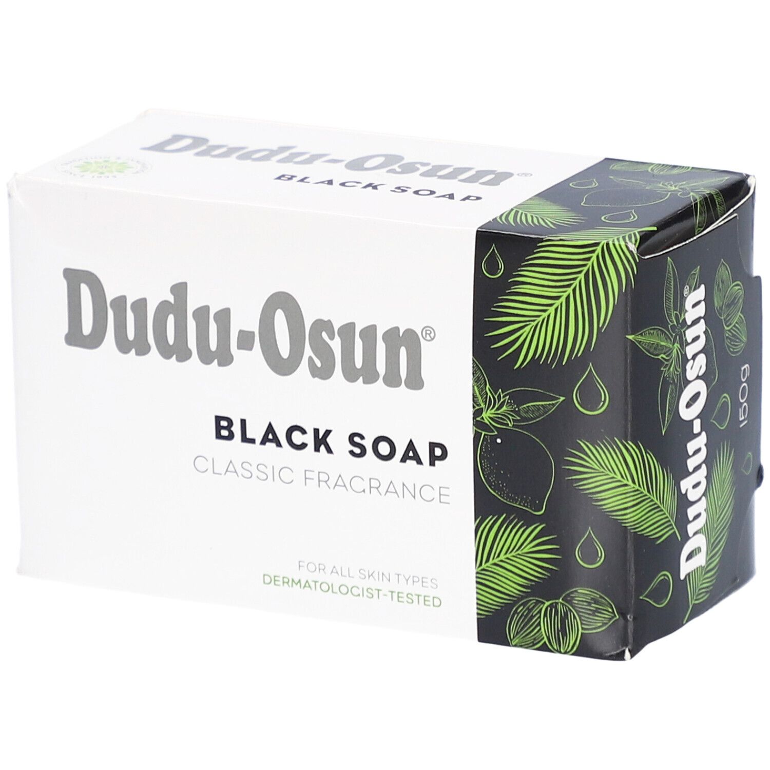 Verpackung von Dudu-Osun Black Soap. Aufschrift: Black Soap, Classic Fragrance. Für alle Hauttypen. Dermatologisch getestet.