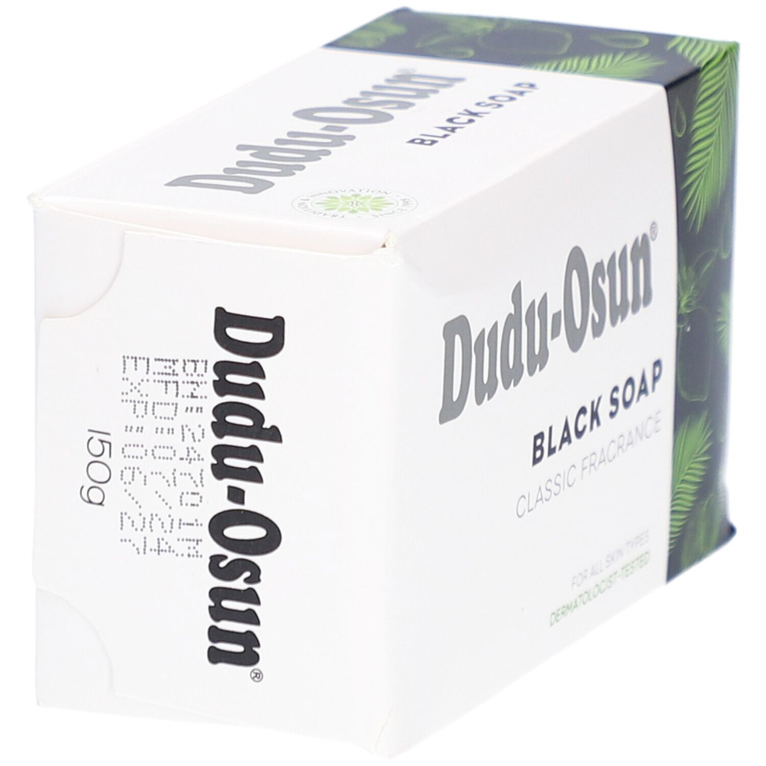 Dudu-Osun Black Soap Verpackung. Aufschrift: Black Soap, Classic Fragrance. Mit Palmblatt-Design. Aufdruck: 150g.