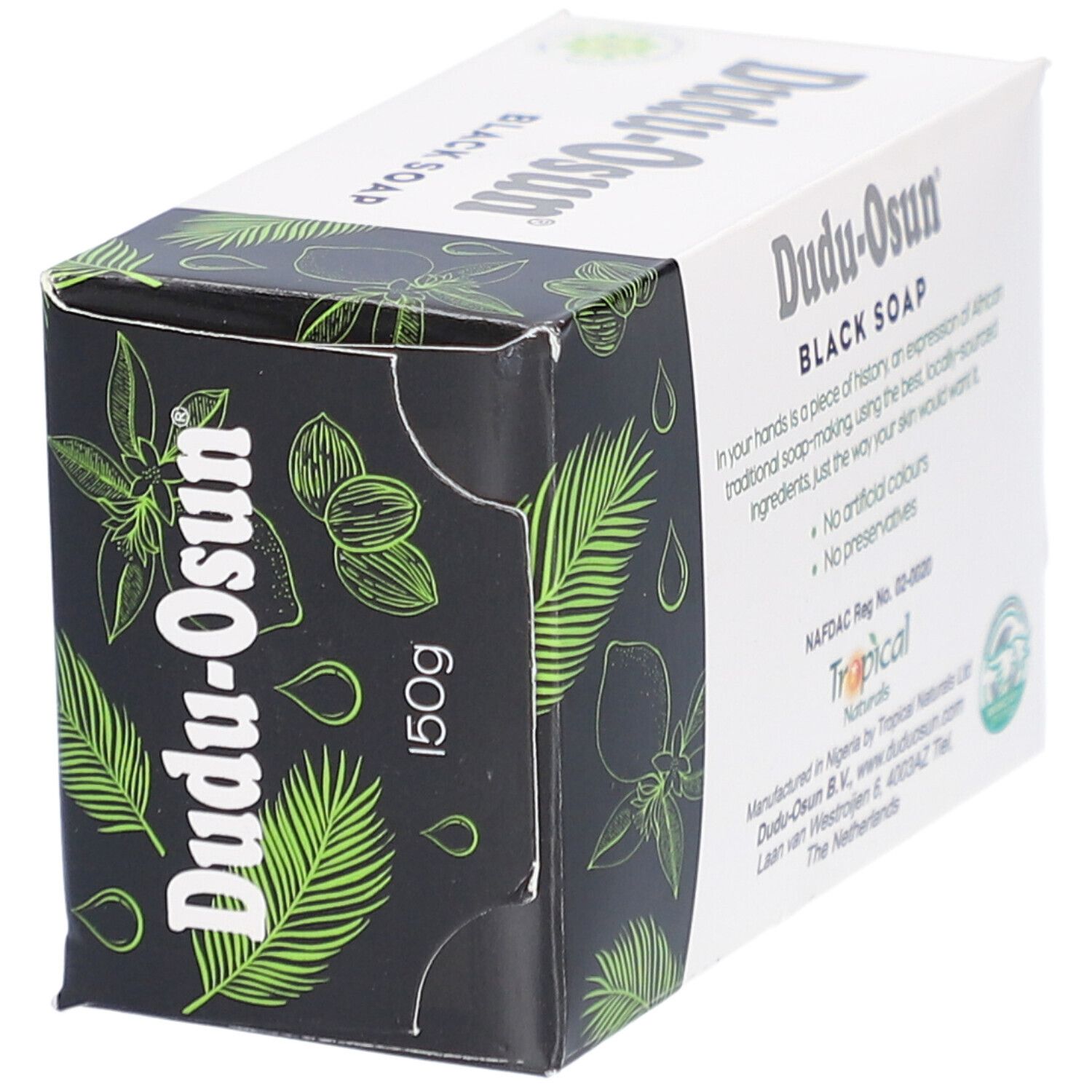 Dudu-Osun Black Soap Verpackung. Aufschrift: Black Soap. Mit Palmblatt-Design. Aufdruck: 150g.