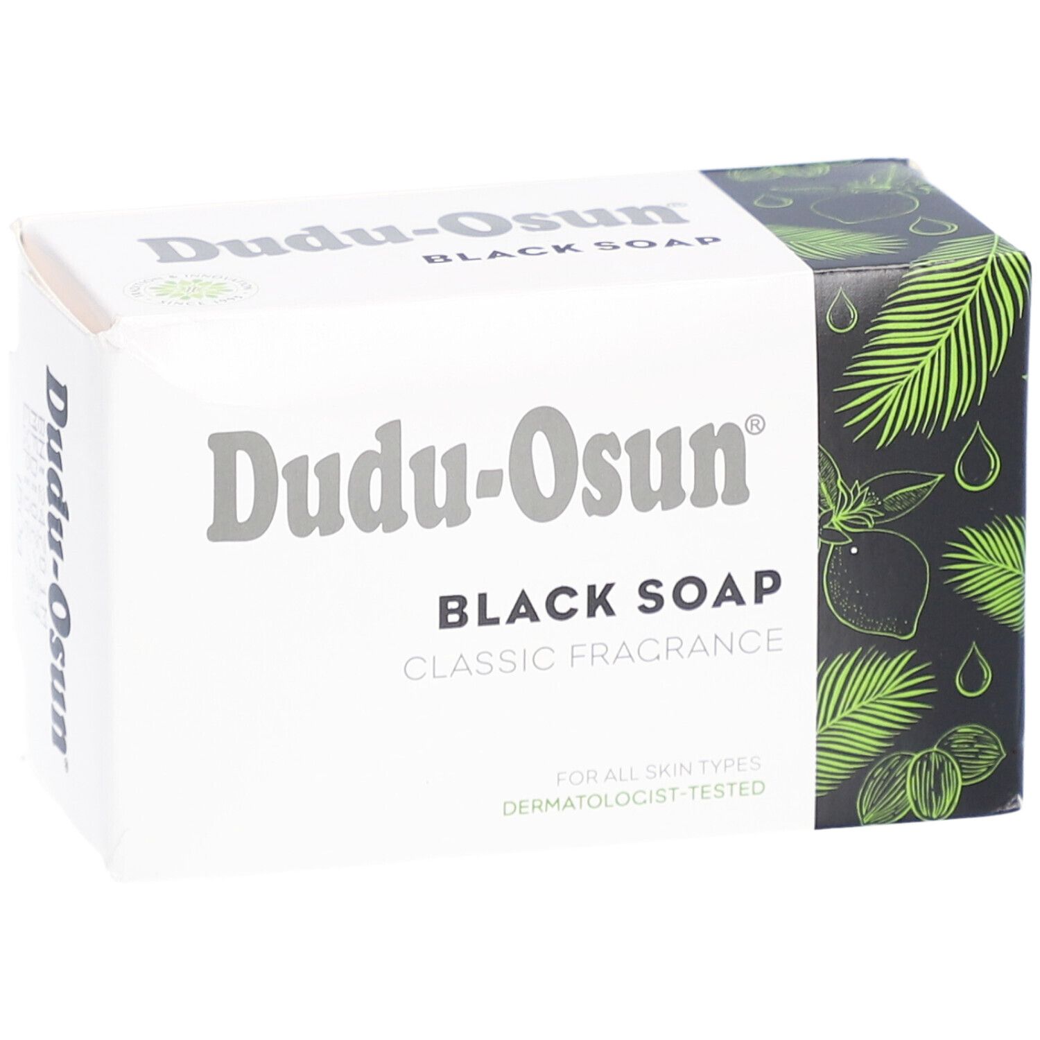 Dudu-Osun Black Soap Verpackung. Aufschrift: Black Soap, Classic Fragrance. Für alle Hauttypen. Dermatologisch getestet. Palmblatt-Design.