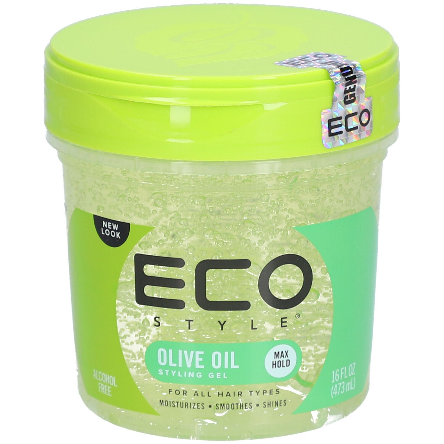 Runde Dose mit grünem Deckel. Aufkleber mit ECO-Logo. Aufschrift ECO STYLE OLIVE OIL STYLING GEL. Für alle Haartypen.
