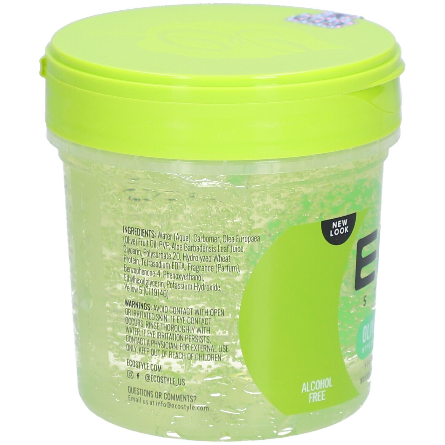 Runde Dose mit grünem Deckel. Aufschrift ECO STYLE OLIVE OIL STYLING GEL. Zutatenliste auf der Rückseite. Alkohol frei.