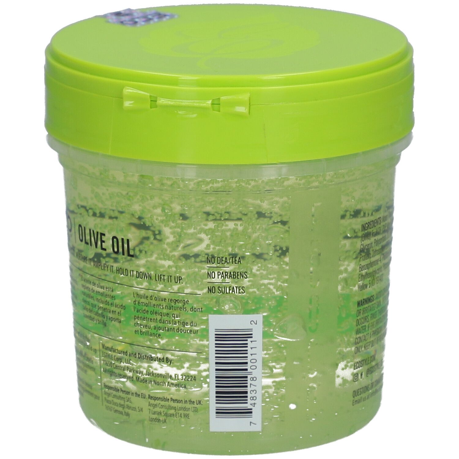 Runde Dose mit grünem Deckel. Aufschrift ECO STYLE OLIVE OIL STYLING GEL. Barcode und Text auf der Rückseite. Ohne Parabene.