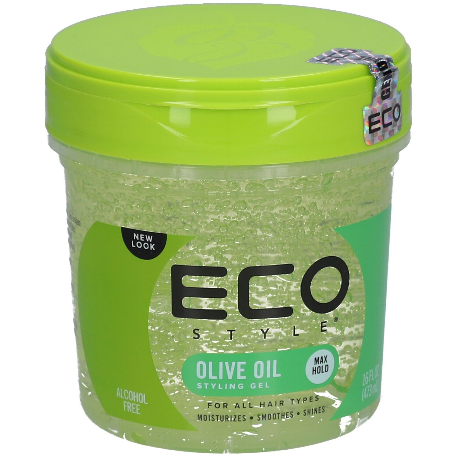 Runde Dose mit grünem Deckel. Aufkleber mit ECO-Logo. Aufschrift ECO STYLE OLIVE OIL STYLING GEL. Für alle Haartypen.