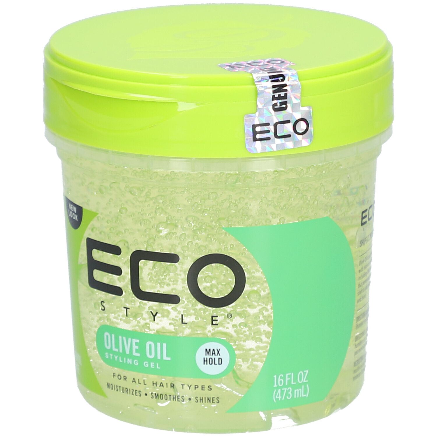 Runde Dose mit grünem Deckel. Aufkleber mit ECO-Logo. Aufschrift ECO STYLE OLIVE OIL STYLING GEL. Für alle Haartypen.