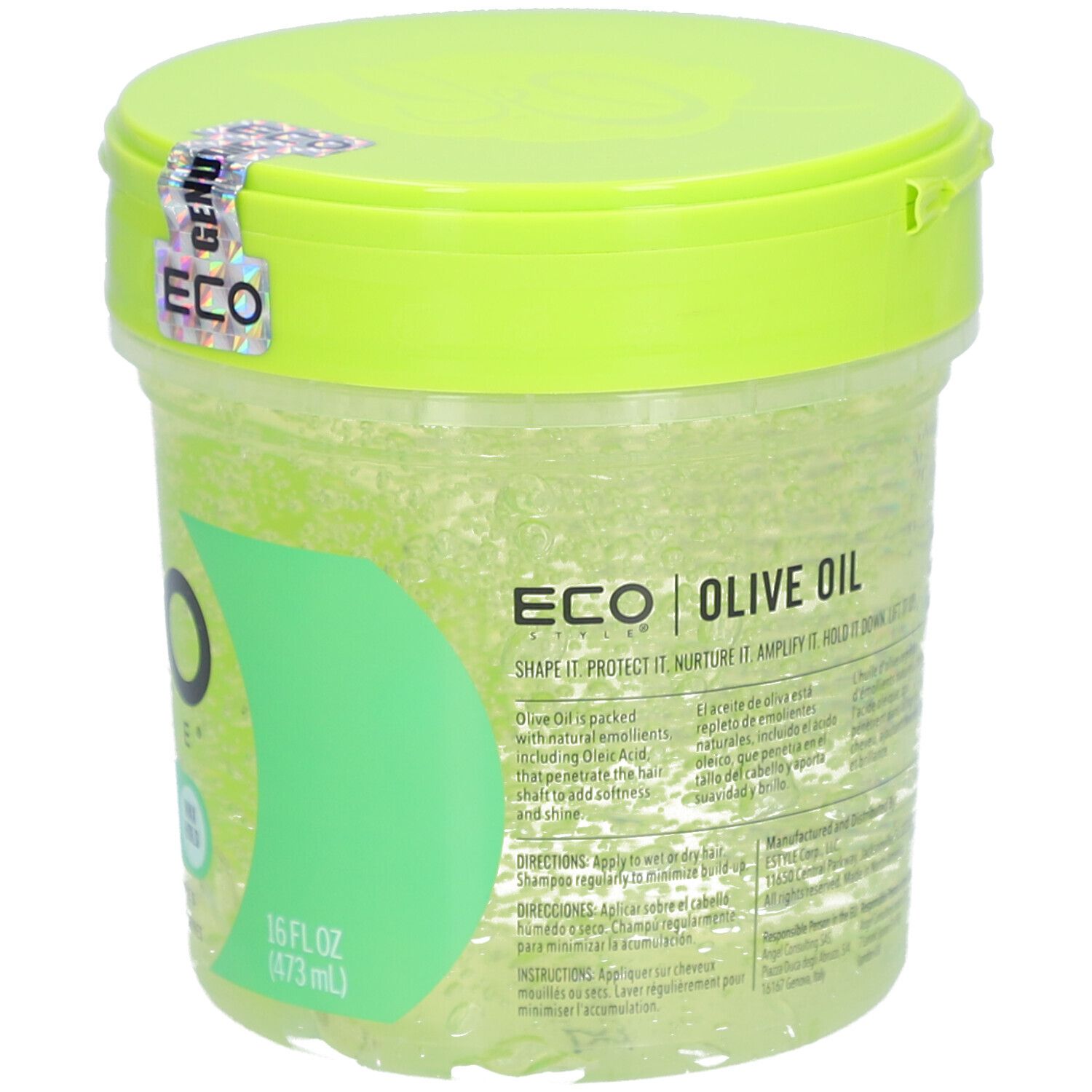 Runde Dose mit grünem Deckel. Aufkleber mit ECO-Logo. Aufschrift ECO STYLE OLIVE OIL STYLING GEL. 16 fl oz (473 ml).