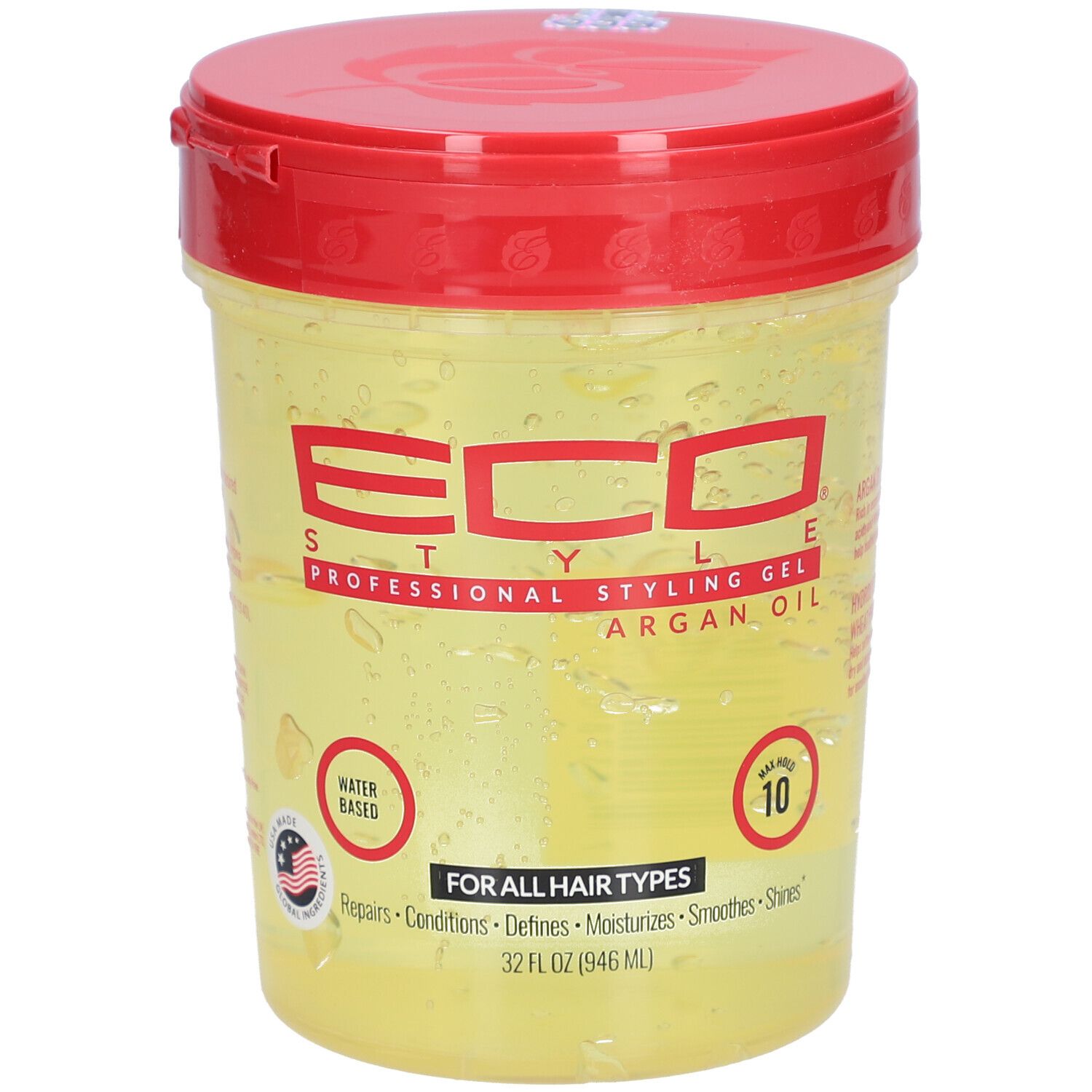 Récipient de gel avec couvercle rouge. Inscription: ECO STYLE, Styling Gel, Argan Oil. Pour tous types de cheveux. À base d'eau.