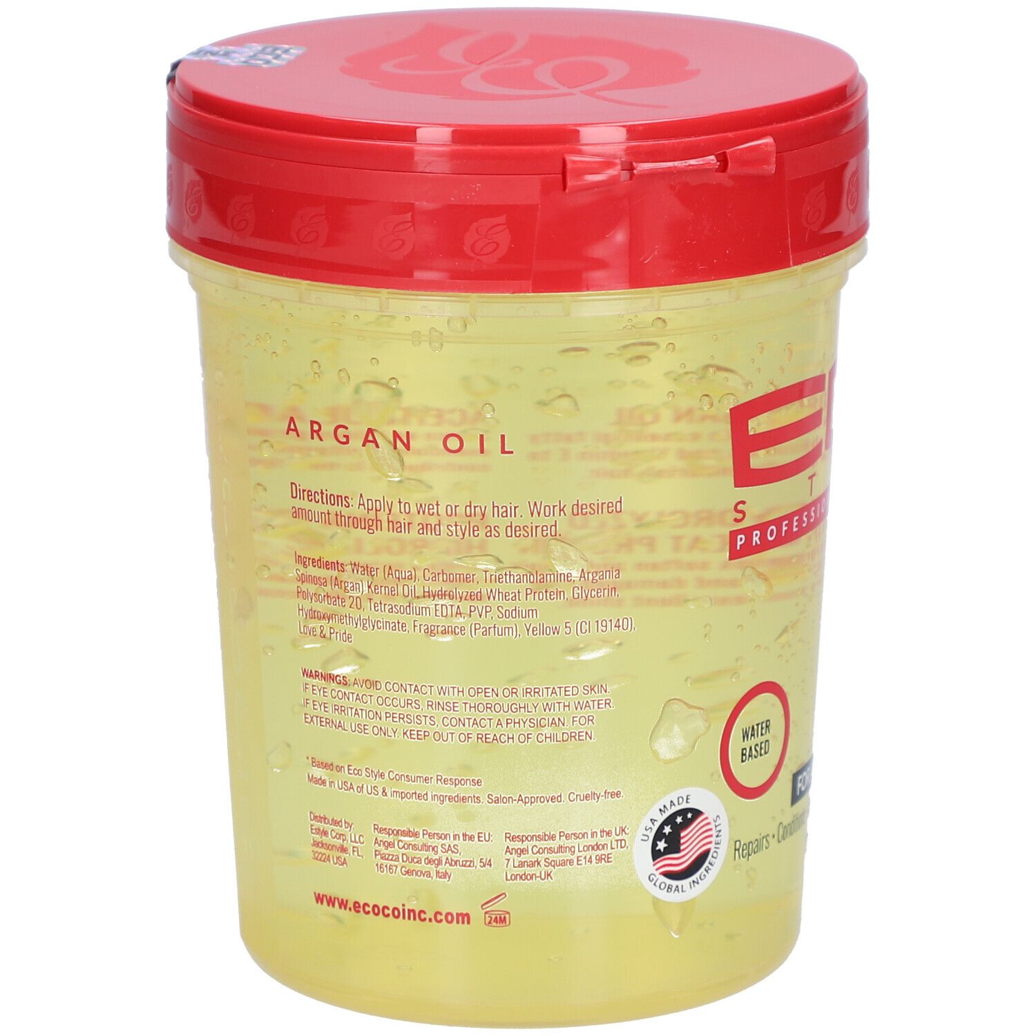 Récipient de gel avec couvercle rouge. Inscription: Huile d'argan. Ingrédients et instructions d'utilisation. À base d'eau. Fabriqué aux États-Unis.
