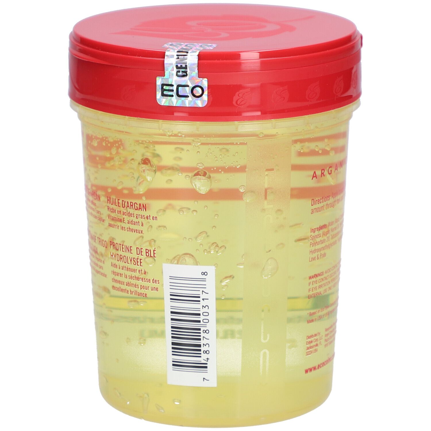 Récipient de gel avec couvercle rouge. Inscription: ECO. Code-barres. Sceau avec logo ECO. Inscription: Protéine de blé hydrolysée.