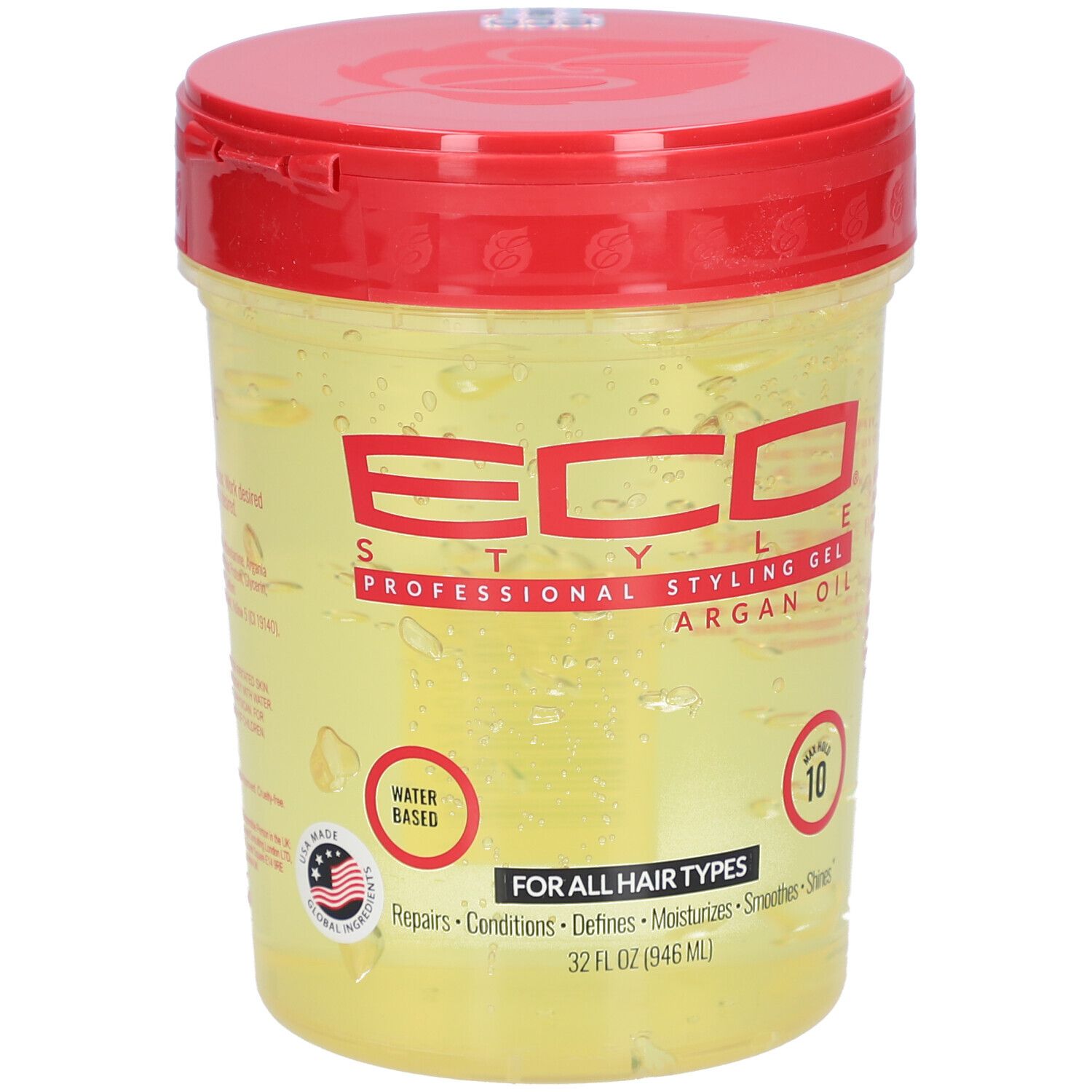 Récipient de gel avec couvercle rouge. Inscription: ECO STYLE, Styling Gel, Argan Oil. Pour tous types de cheveux. À base d'eau. 10.