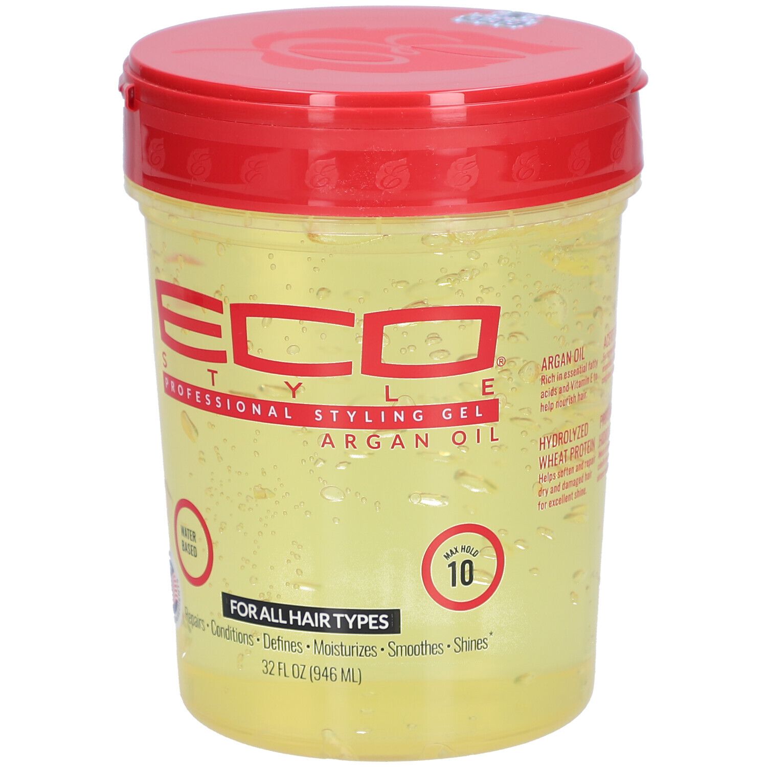 Récipient de gel avec couvercle rouge. Inscription: ECO STYLE, Styling Gel, Argan Oil. Pour tous types de cheveux. À base d'eau. 10.