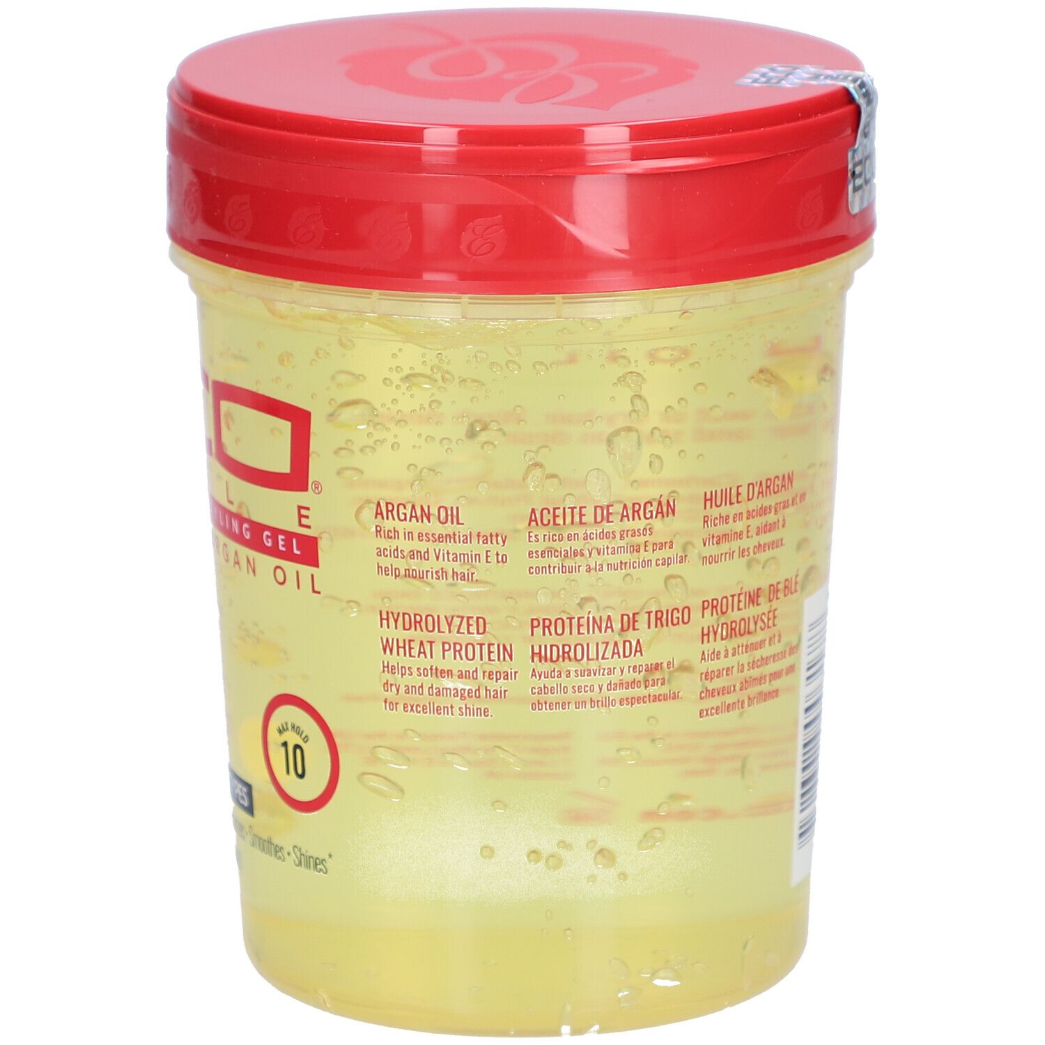 Récipient de gel avec couvercle rouge. Inscription: ECO STYLE, Styling Gel, Argan Oil. 10. Inscription: Huile d'argan, protéine de blé hydrolysée.
