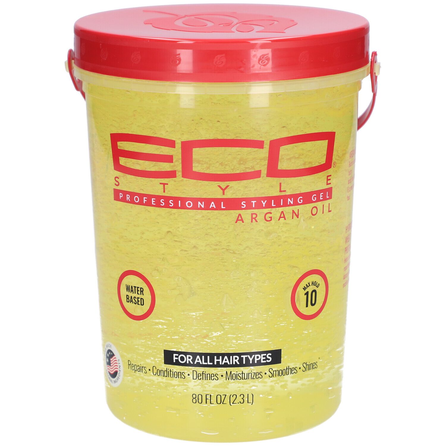 Récipient de gel jaune avec couvercle et poignée rouges. Inscription : ECO STYLE PROFESSIONAL STYLING GEL ARGAN OIL. Pour tous types de cheveux.