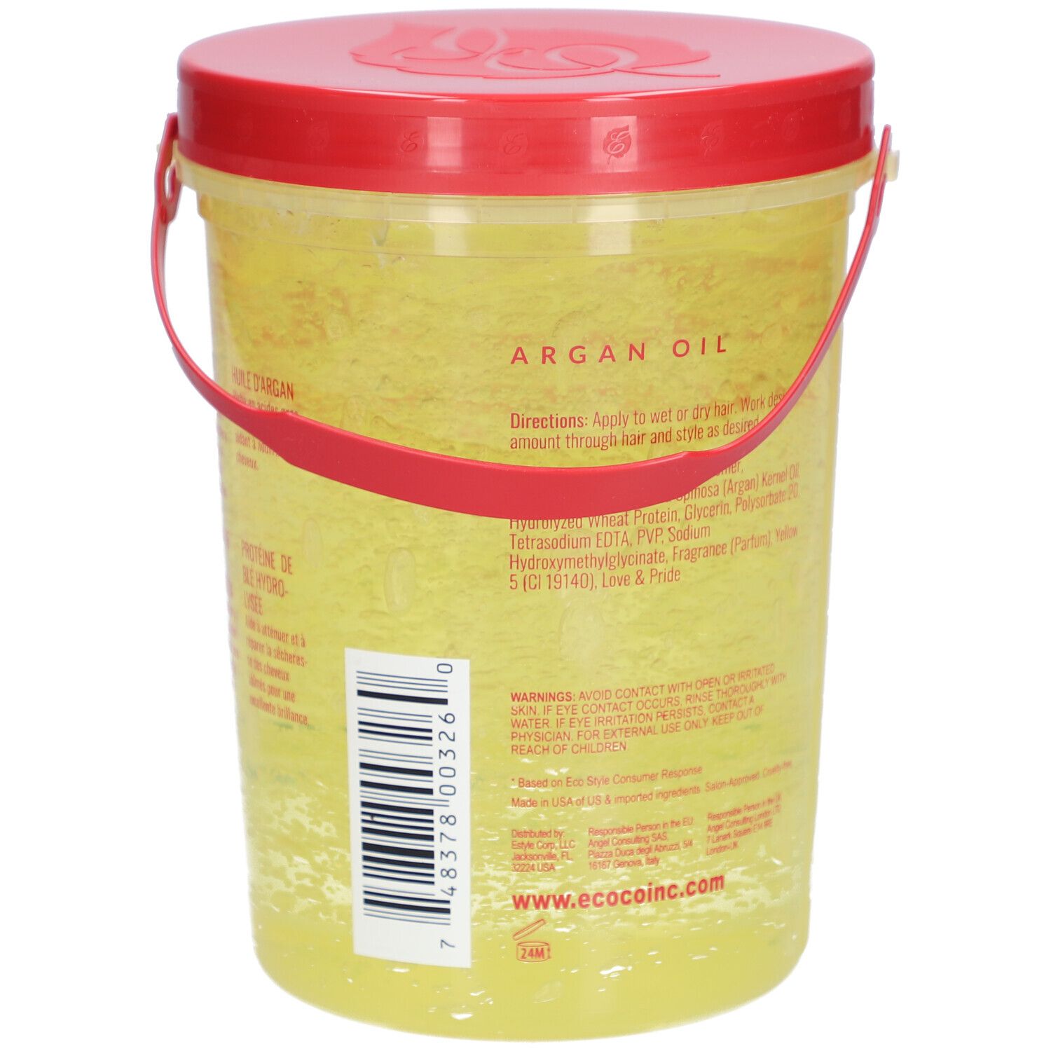 Récipient de gel jaune avec couvercle et poignée rouges. Code-barres et informations sur les ingrédients. Inscription : ARGAN OIL. Mode d'emploi.