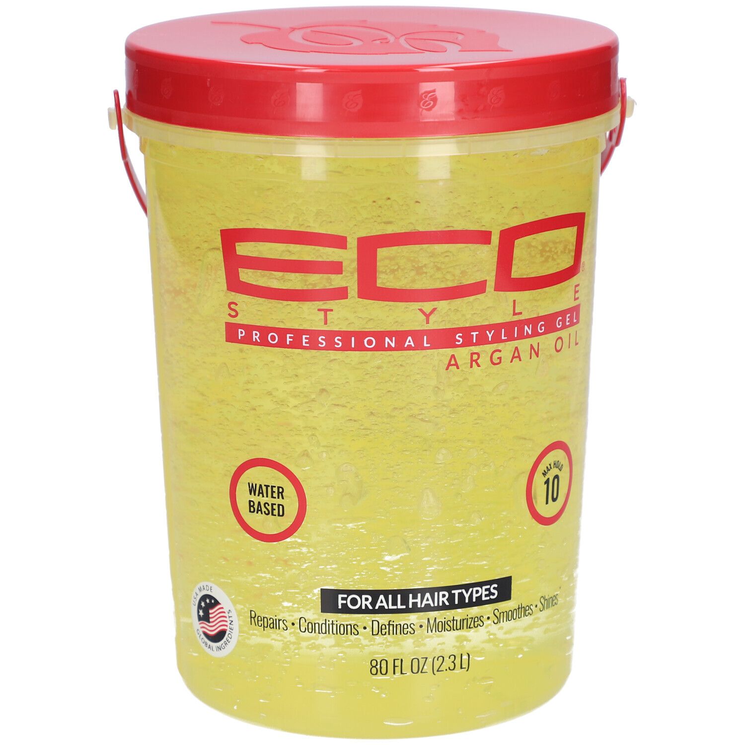 Récipient de gel jaune avec couvercle et poignée rouges. Inscription : ECO STYLE PROFESSIONAL STYLING GEL ARGAN OIL. À base d'eau. Max Hold 10.