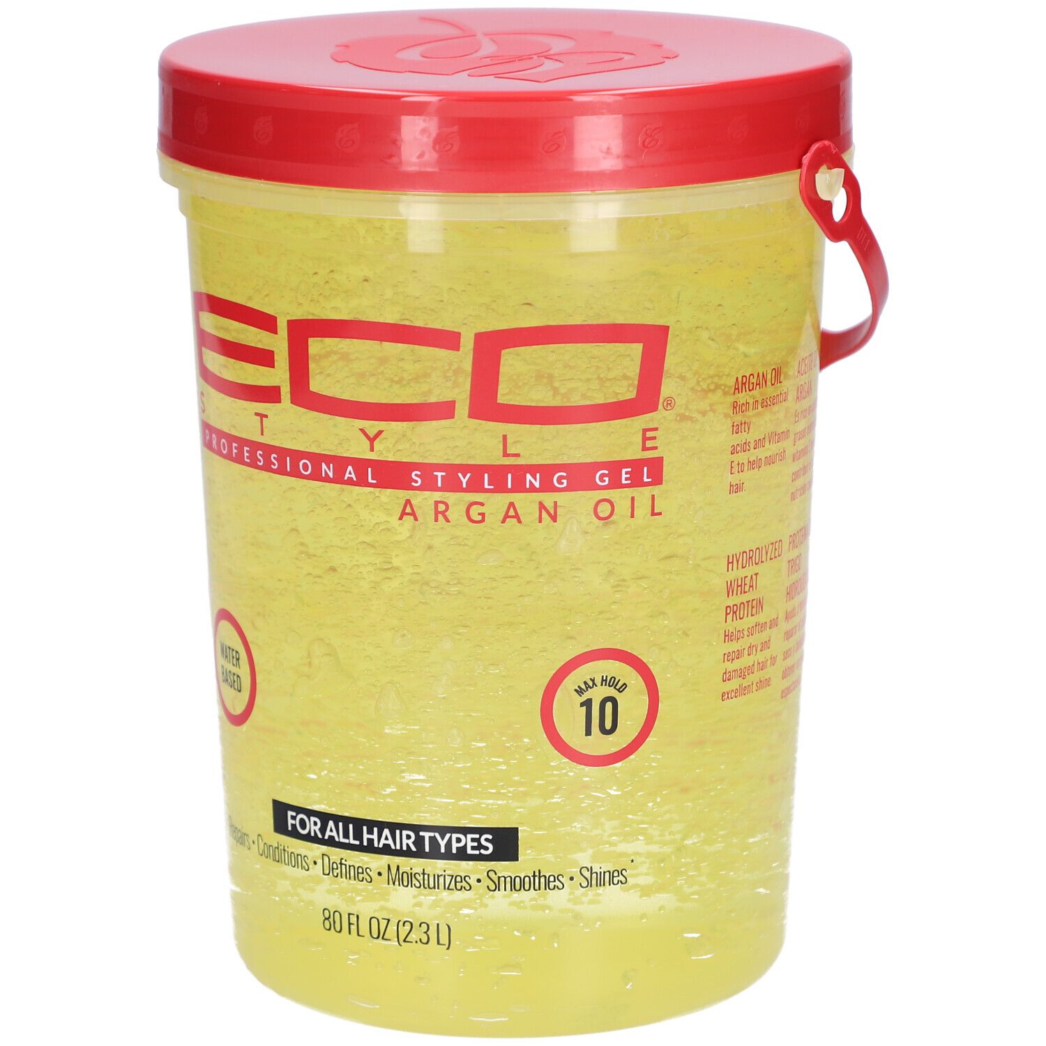 Récipient de gel jaune avec couvercle et poignée rouges. Inscription : ECO STYLE PROFESSIONAL STYLING GEL ARGAN OIL. À base d'eau. Max Hold 10. 80 FL OZ (2.3L).