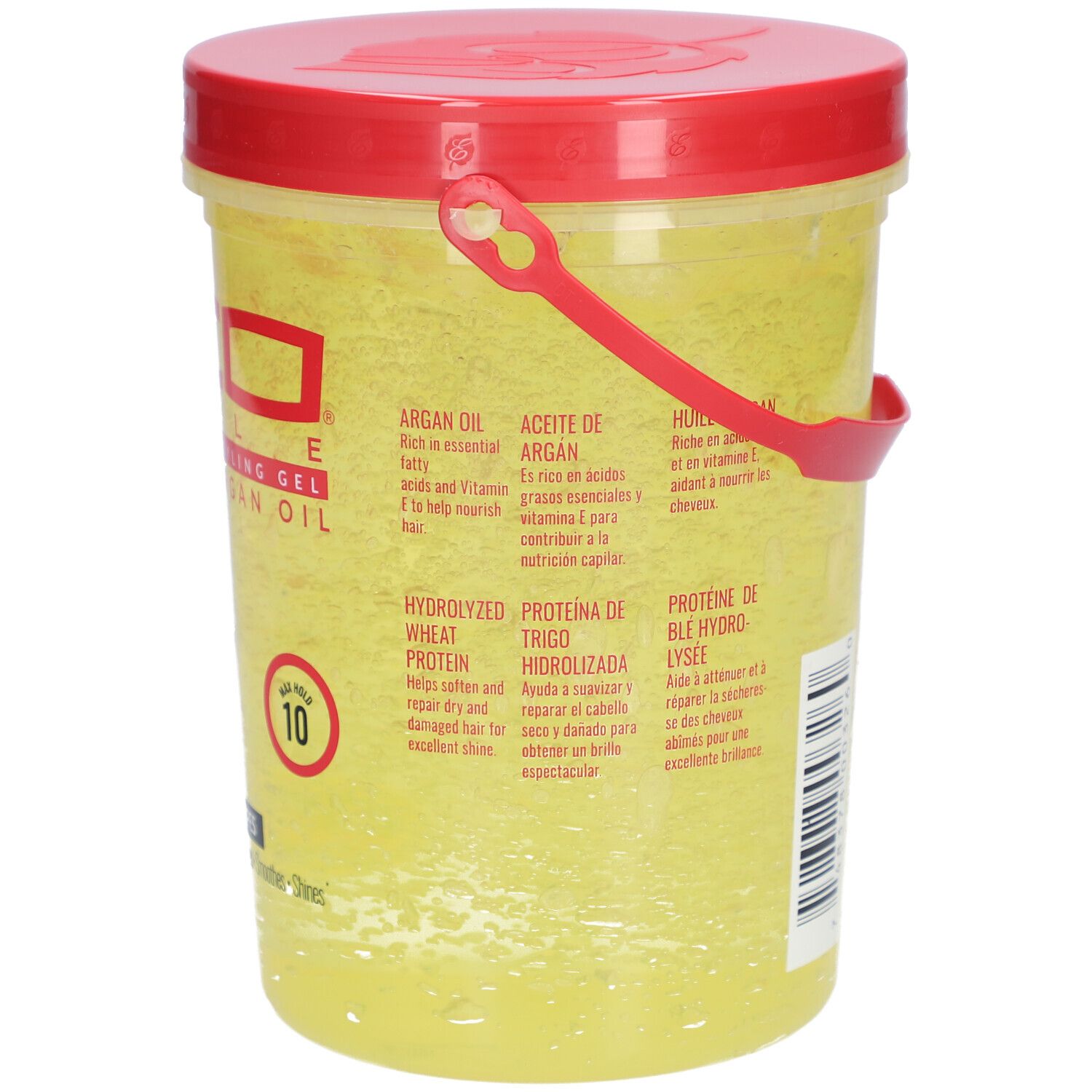 Récipient de gel jaune avec couvercle et poignée rouges. Inscription : ECO STYLE PROFESSIONAL STYLING GEL ARGAN OIL. Max Hold 10. Ingrédients en plusieurs langues.