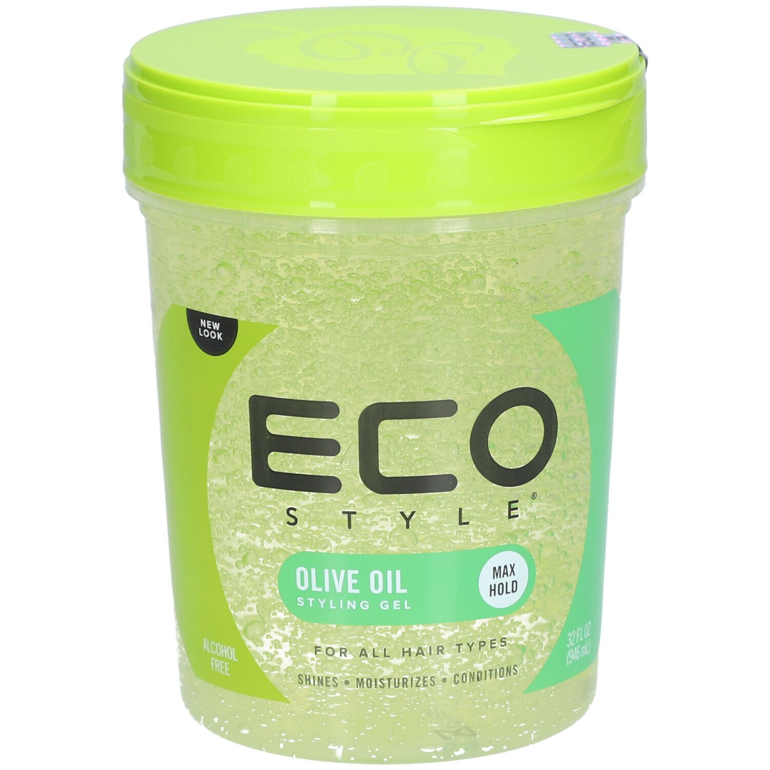 Grünes ECO STYLE Styling-Gel mit Olivenöl. Transparenter Behälter mit grünem Deckel. Aufschrift: MAX HOLD, ALCOHOL FREE.