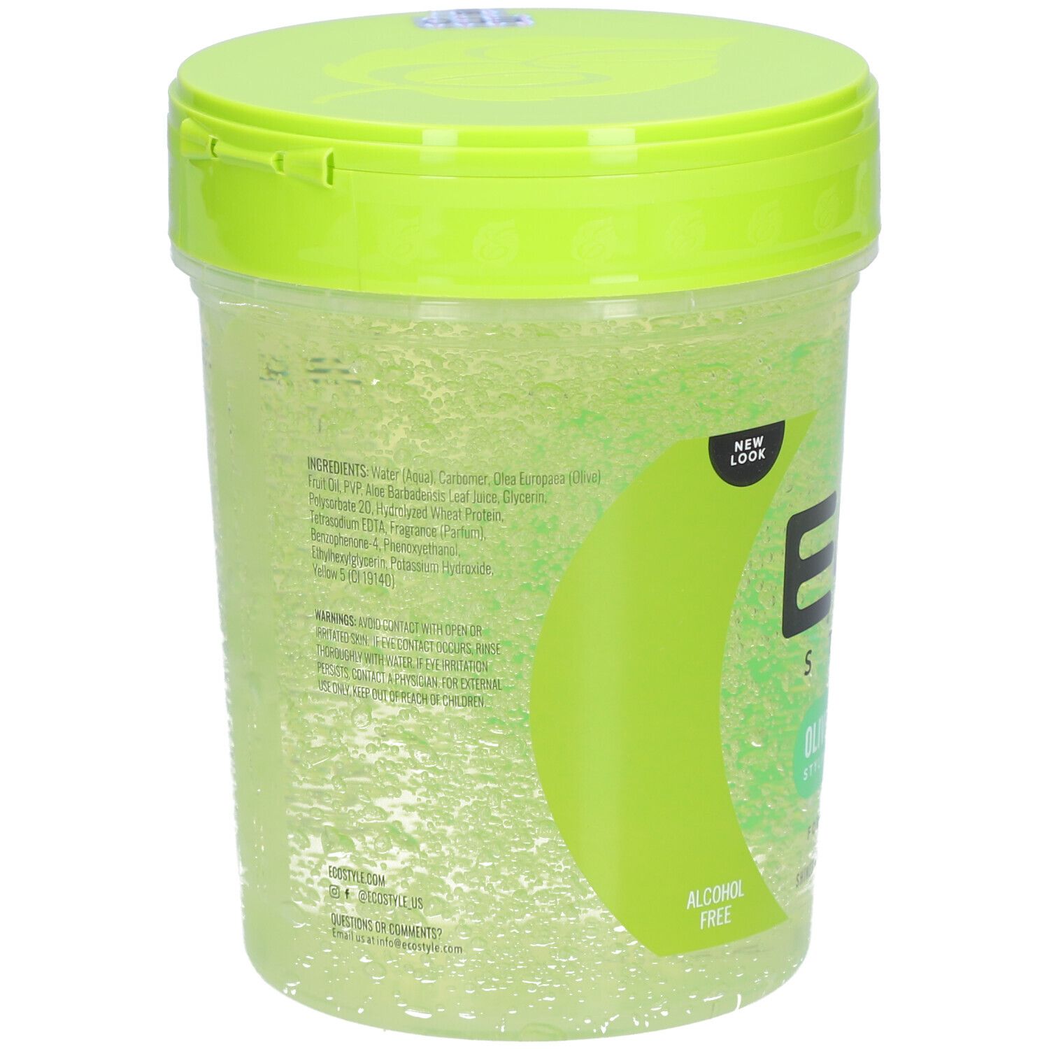 Rückansicht des grünen ECO STYLE Styling-Gels mit Olivenöl. Transparenter Behälter mit grünem Deckel. Text mit Inhaltsstoffen.