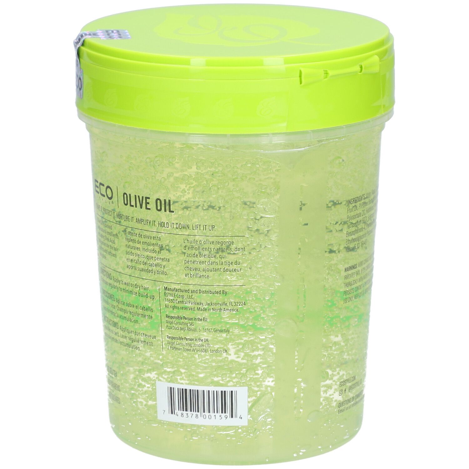 Rückansicht des grünen ECO STYLE Styling-Gels mit Olivenöl. Transparenter Behälter mit grünem Deckel. Barcode und Text.