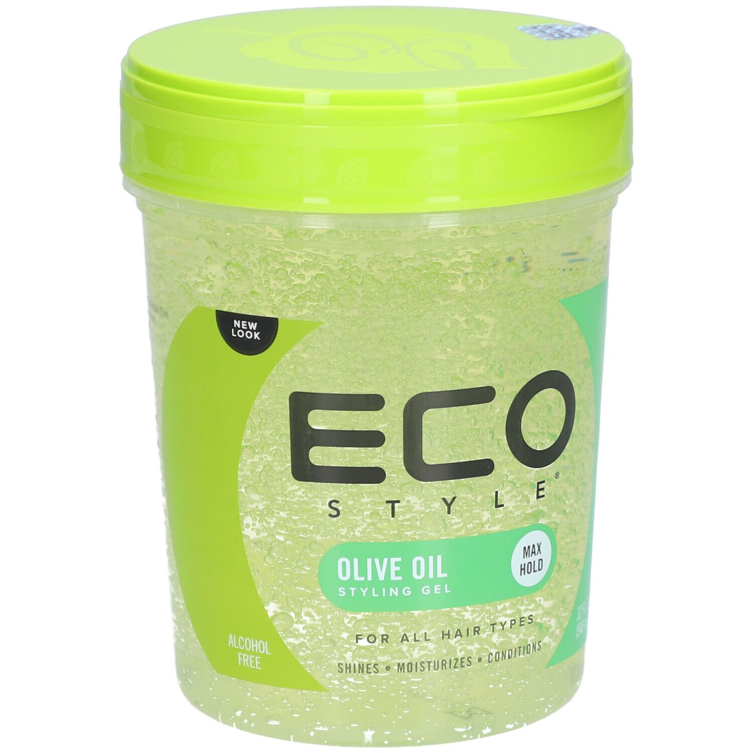 Grünes ECO STYLE Styling-Gel mit Olivenöl. Transparenter Behälter mit grünem Deckel. Aufschrift: MAX HOLD, ALCOHOL FREE.