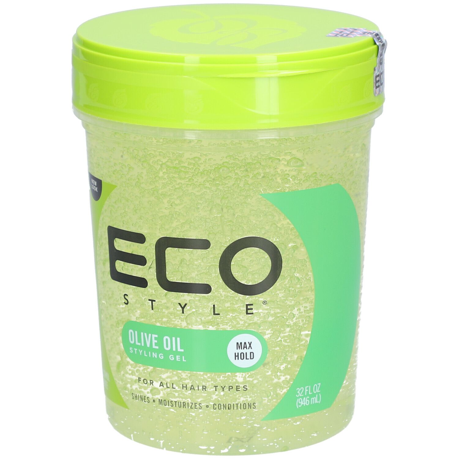 Grünes ECO STYLE Styling-Gel mit Olivenöl. Transparenter Behälter mit grünem Deckel. Aufschrift: MAX HOLD, 32 fl oz (946 ml).