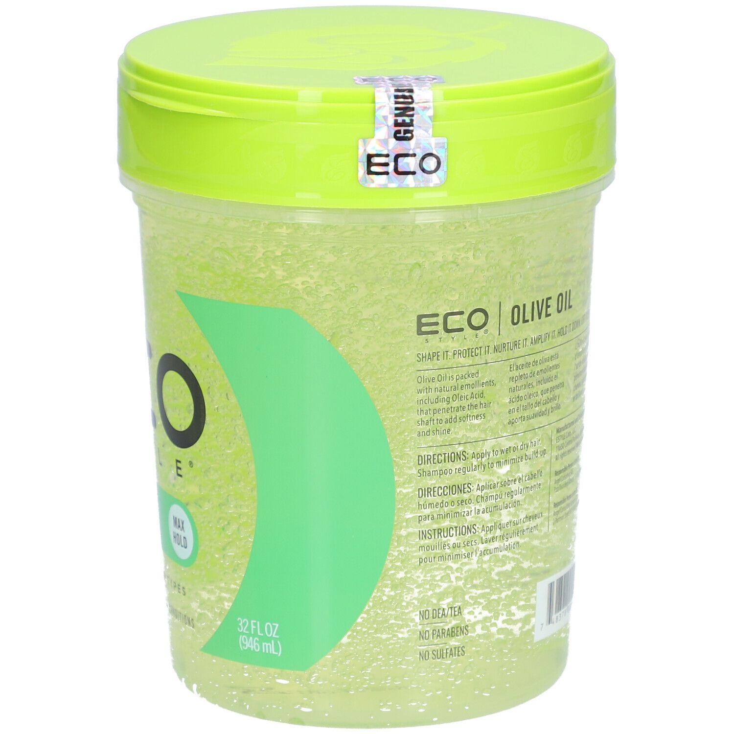 Grünes ECO STYLE Styling-Gel mit Olivenöl. Transparenter Behälter mit grünem Deckel. Aufschrift: MAX HOLD, 32 fl oz (946 ml).