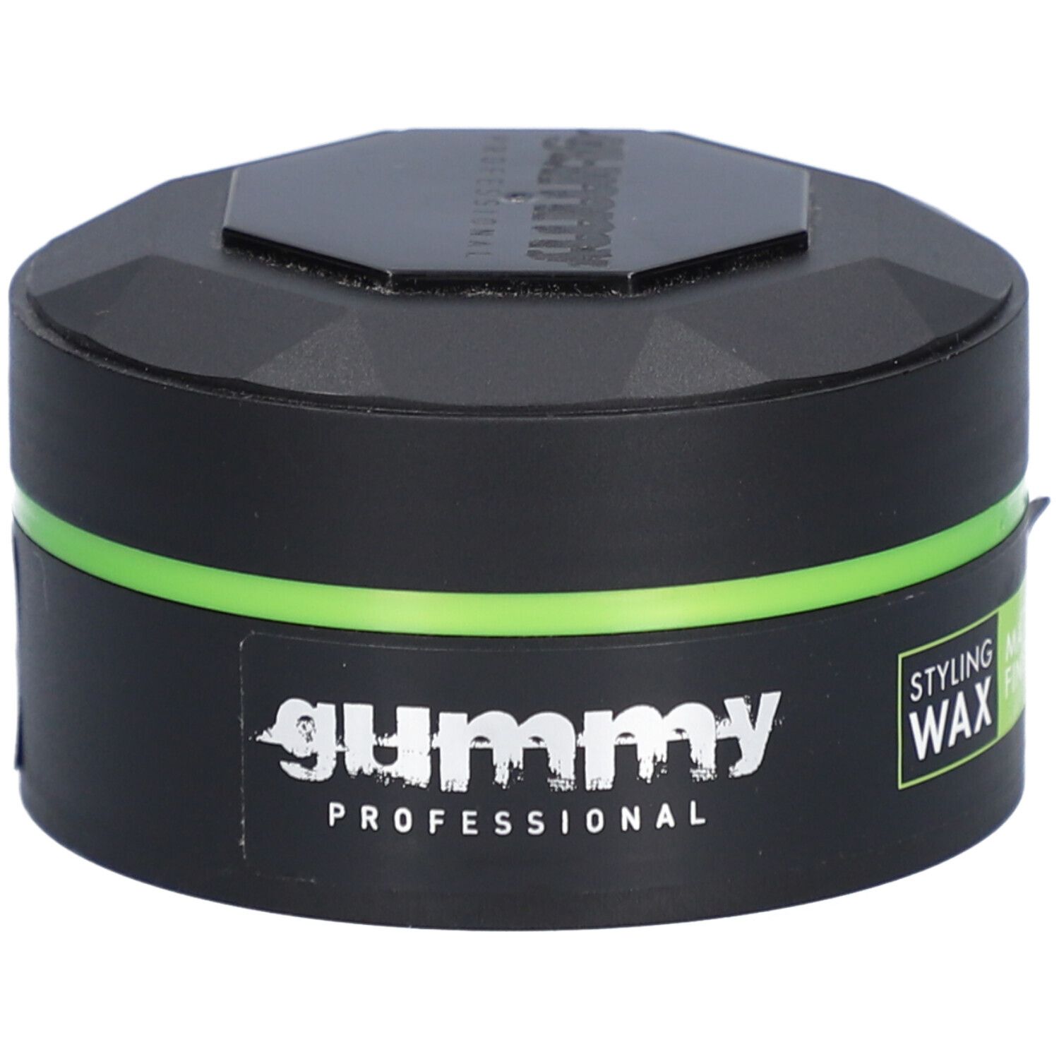 Schwarzer Tiegel mit grünem Streifen. Aufschrift: GUMMY PROFESSIONAL, STYLING WAX.