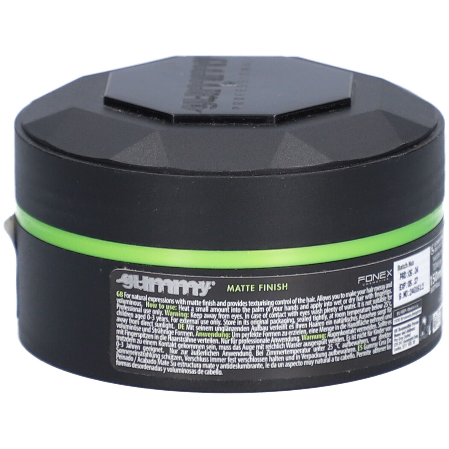 Schwarzer Tiegel mit grünem Streifen. Aufschrift: GUMMY PROFESSIONAL, MATTE FINISH. Text auf der Seite.