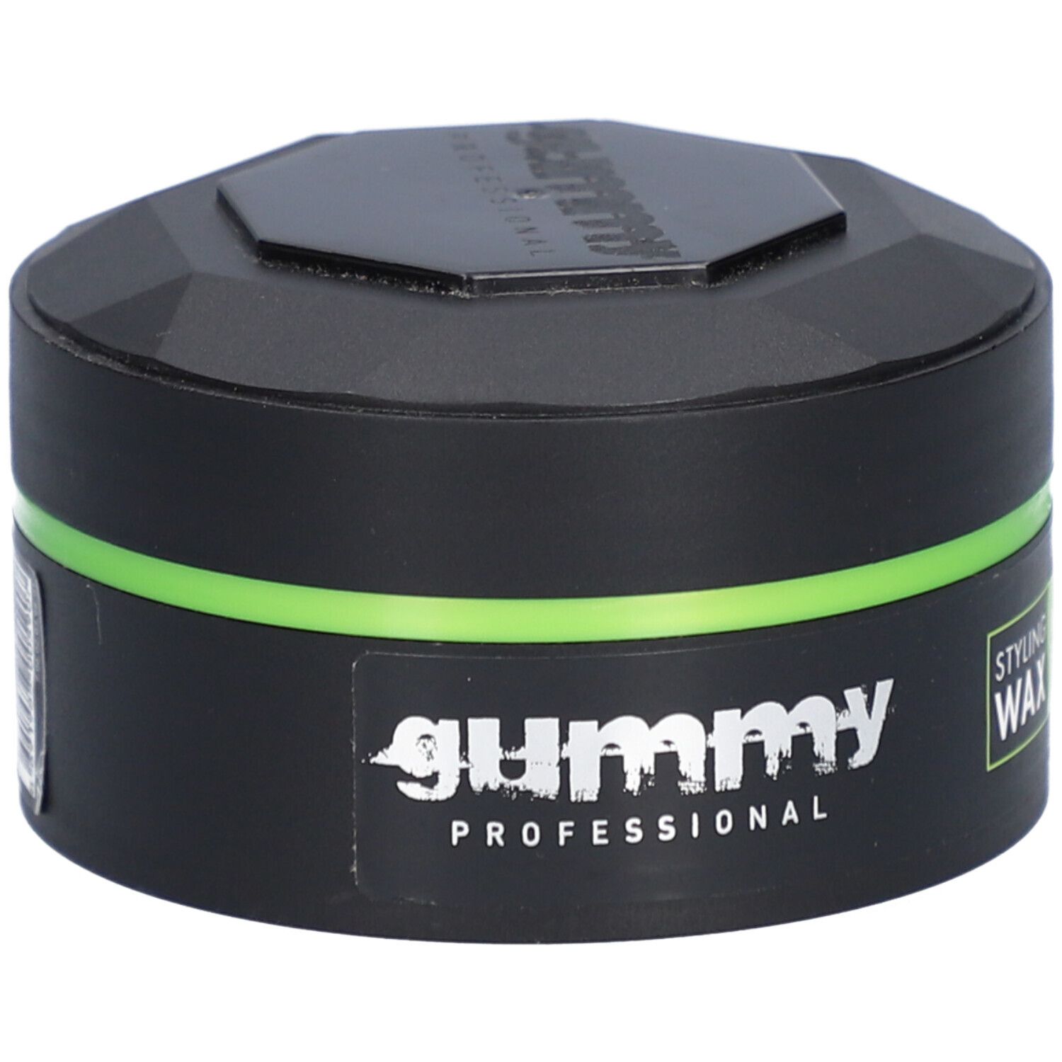 Schwarzer Tiegel mit grünem Streifen. Aufschrift: GUMMY PROFESSIONAL, STYLING WAX.