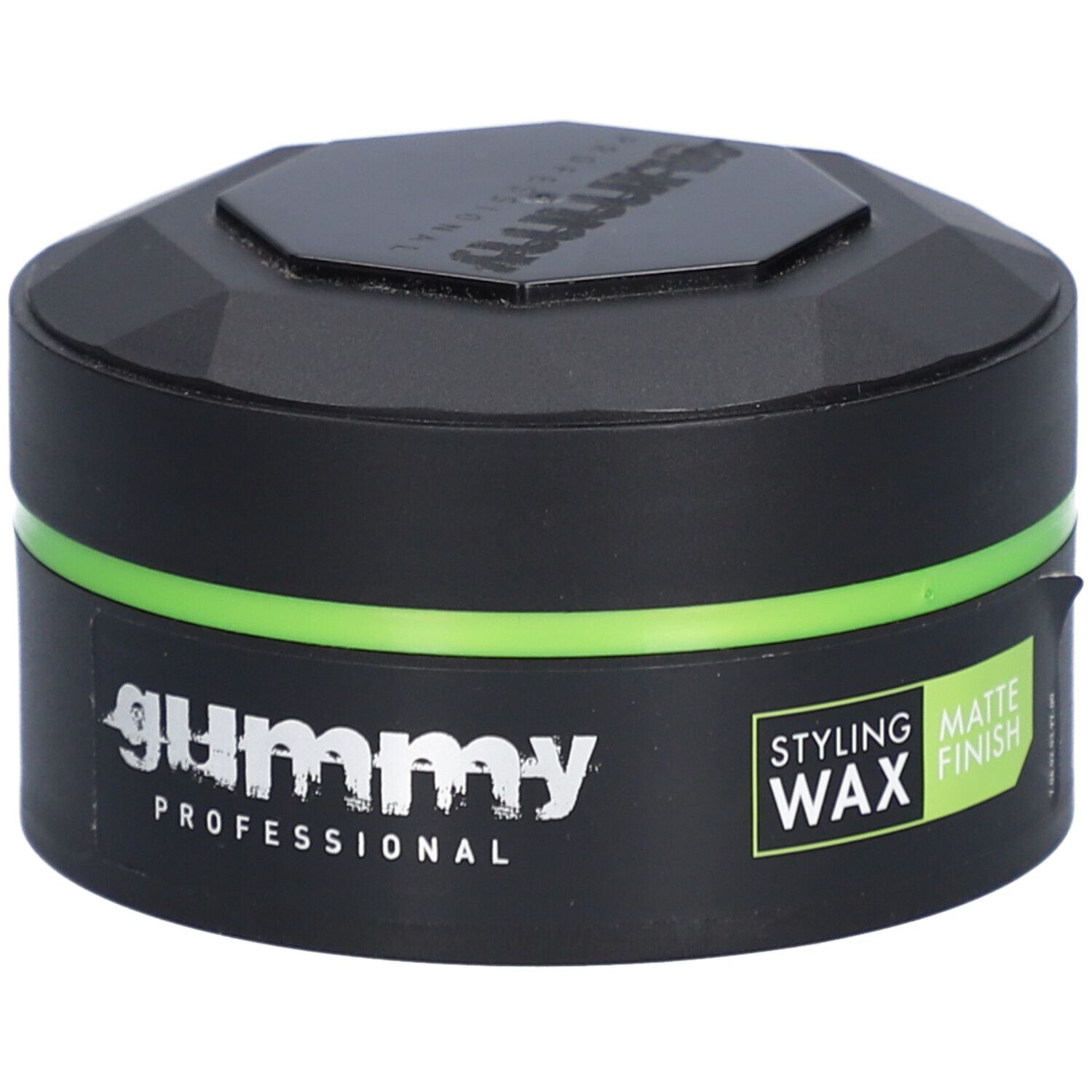Schwarzer Tiegel mit grünem Streifen. Aufschrift: GUMMY PROFESSIONAL, STYLING WAX, MATTE FINISH.