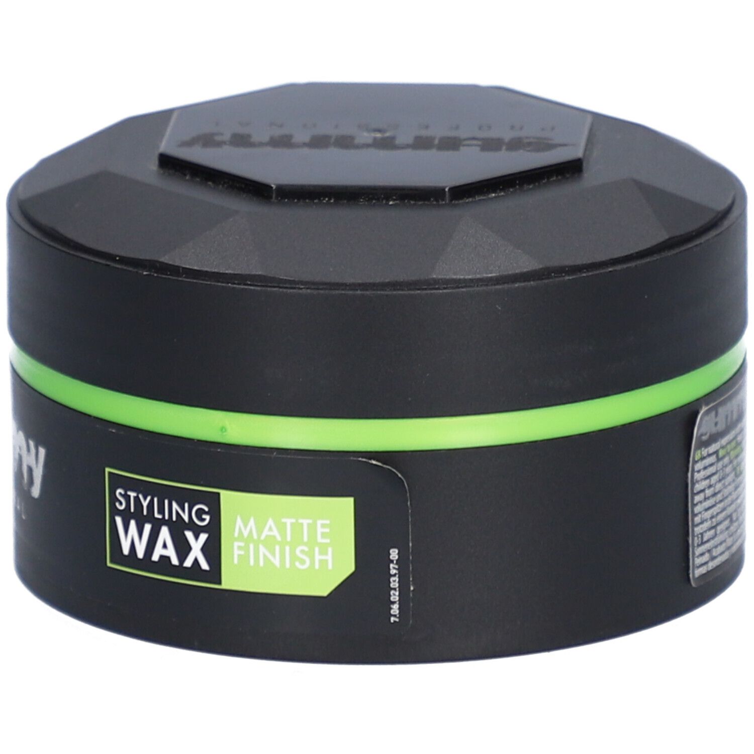 Schwarzer Tiegel mit grünem Streifen. Aufschrift: GUMMY, STYLING WAX, MATTE FINISH. Text auf der Seite.