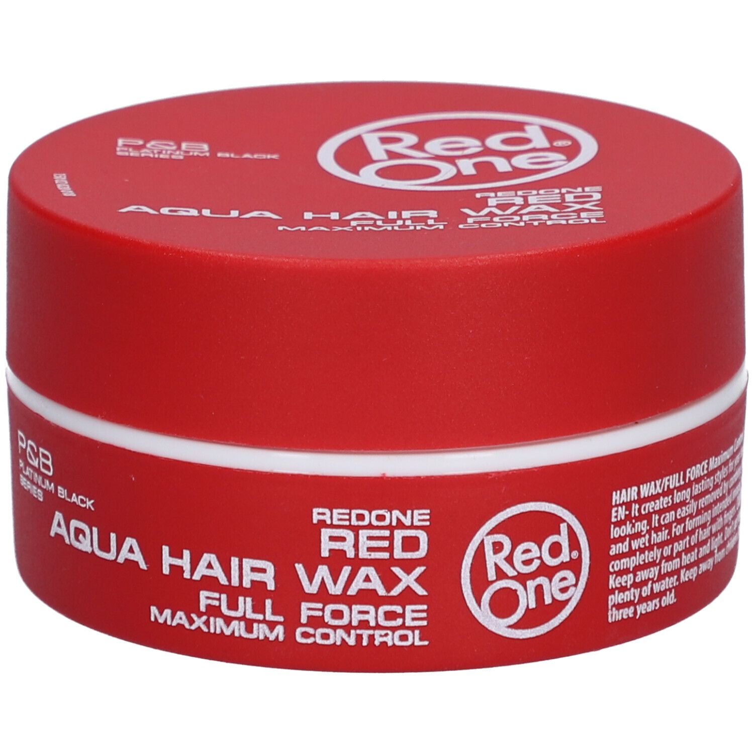 Rote Dose mit weißem Deckel. Aufschrift: Red One Aqua Hair Wax Full Force. Logo: Red One.