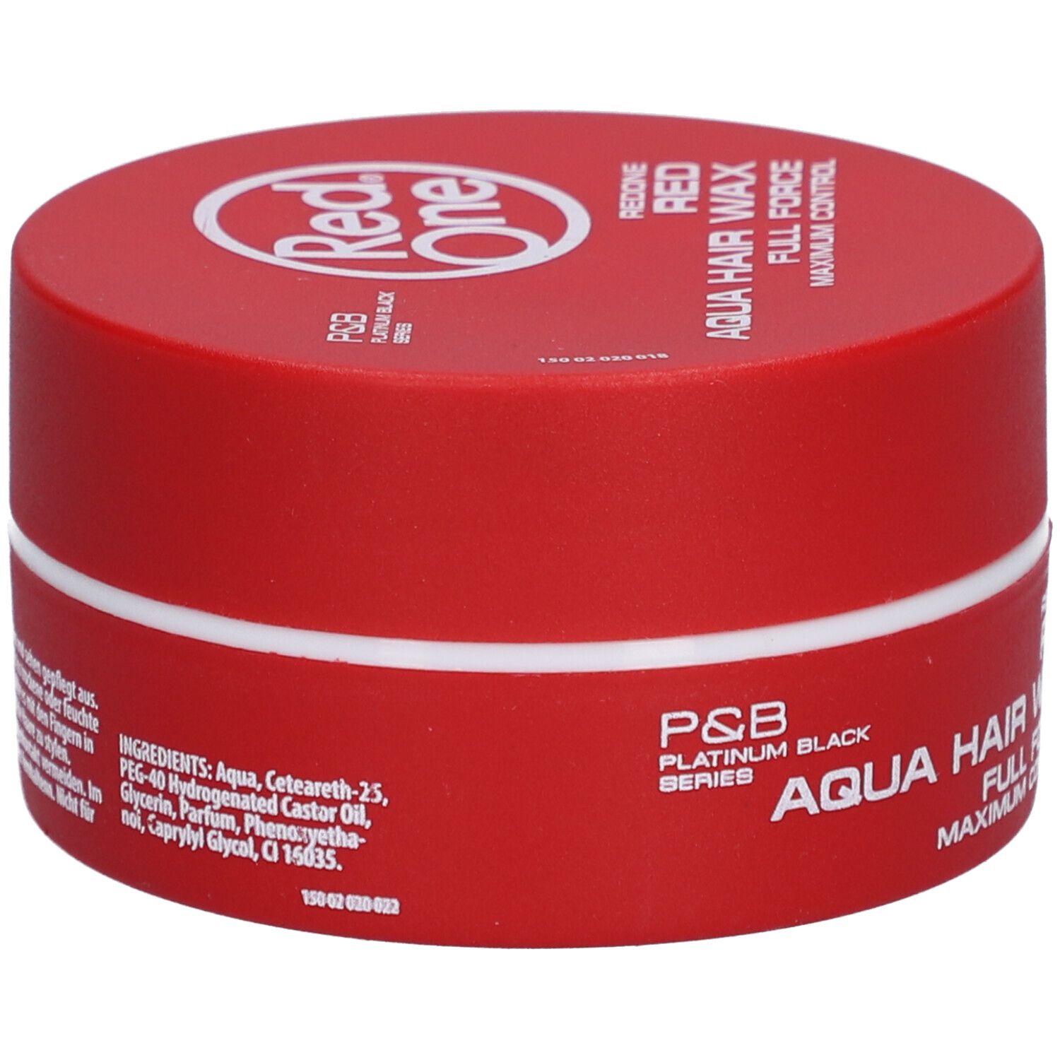 Rote Dose mit weißem Rand. Aufschrift: Red One Aqua Hair Wax Full Force. Logo: Red One. Zutatenliste.