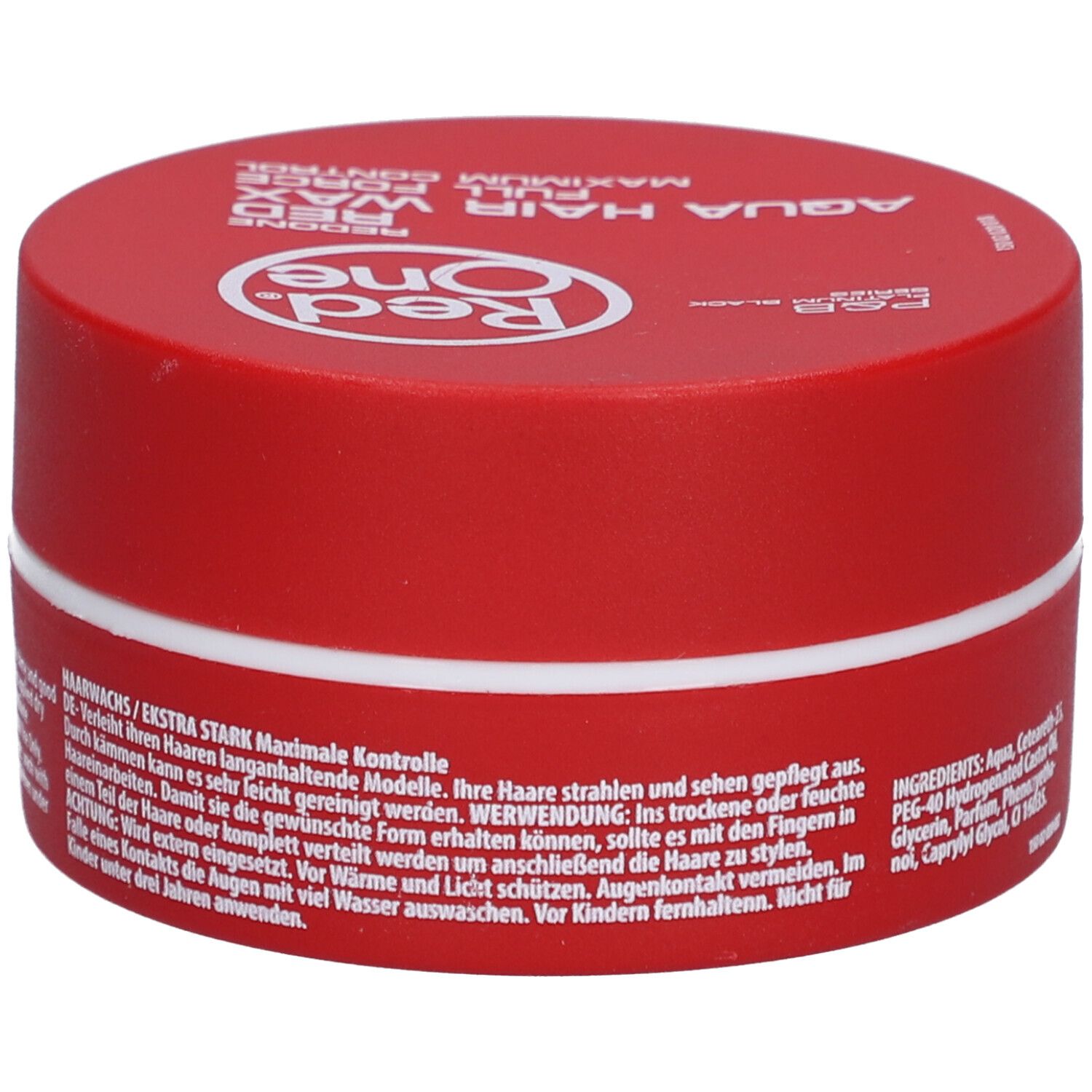 Rote Dose mit weißem Rand. Aufschrift: Red One Aqua Hair Wax Full Force. Logo: Red One. Text in Deutsch.