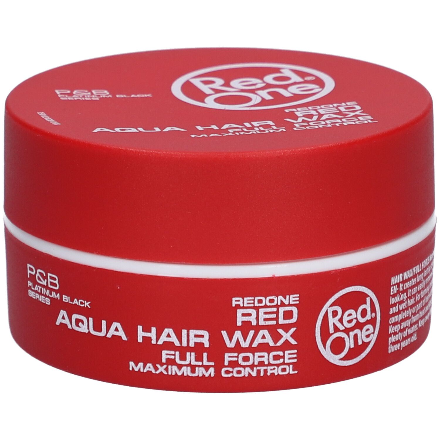 Rote Dose mit weißem Rand. Aufschrift: Red One Aqua Hair Wax Full Force. Logo: Red One. Text in Englisch.