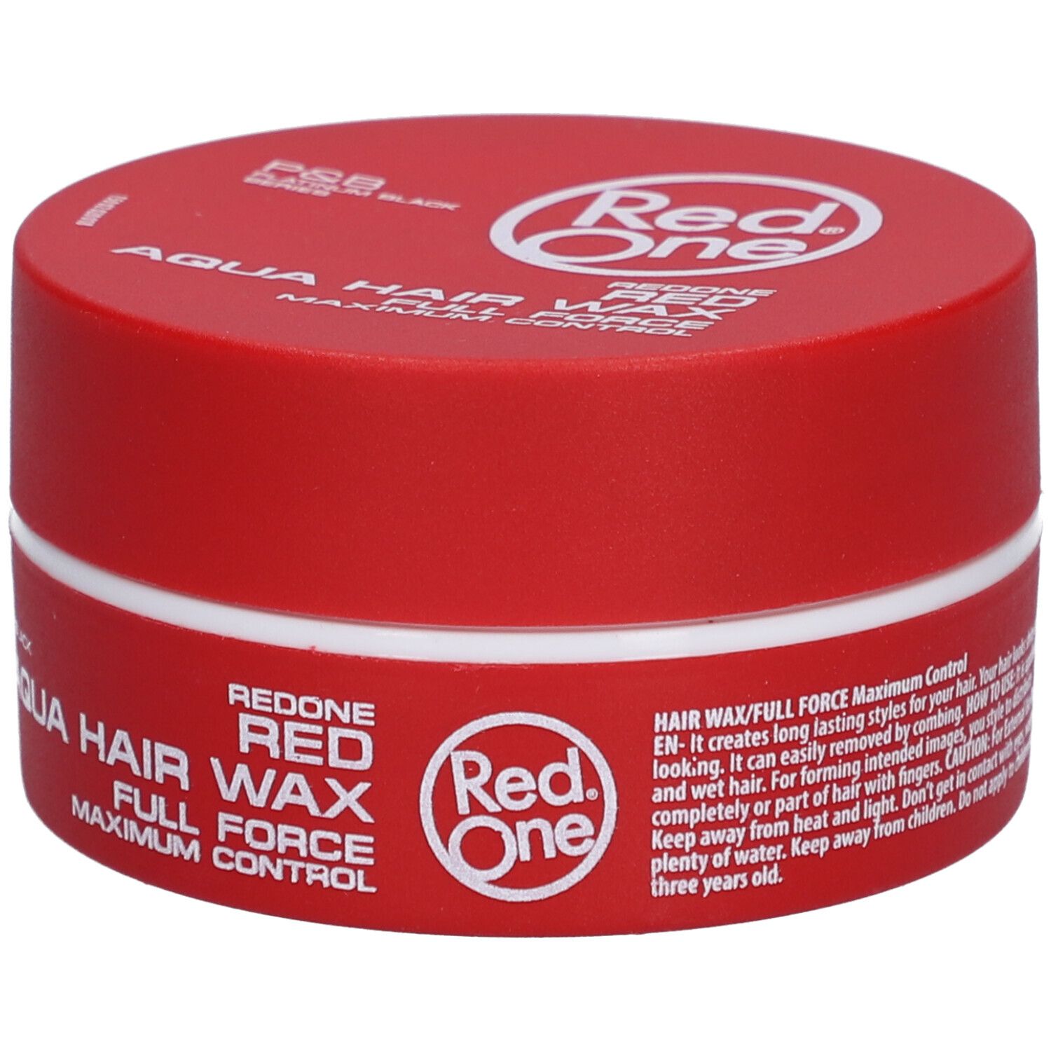 Rote Dose mit weißem Rand. Aufschrift: Red One Aqua Hair Wax Full Force. Logo: Red One. Text in Englisch.