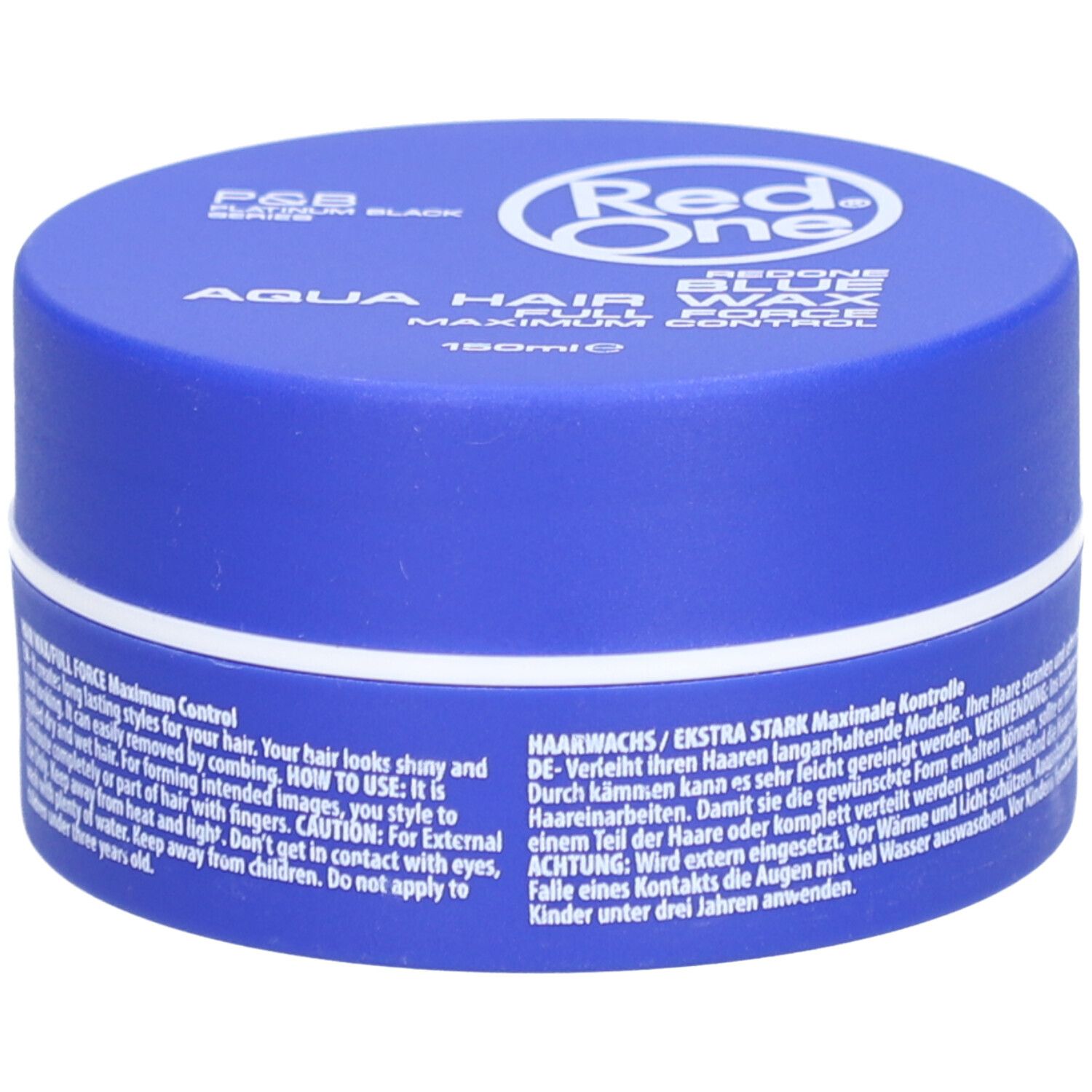 Blaue Dose mit weißem Deckel. Aufschrift: Red One Aqua Hair Wax Blue Maximum Control. Text in Englisch und Deutsch.