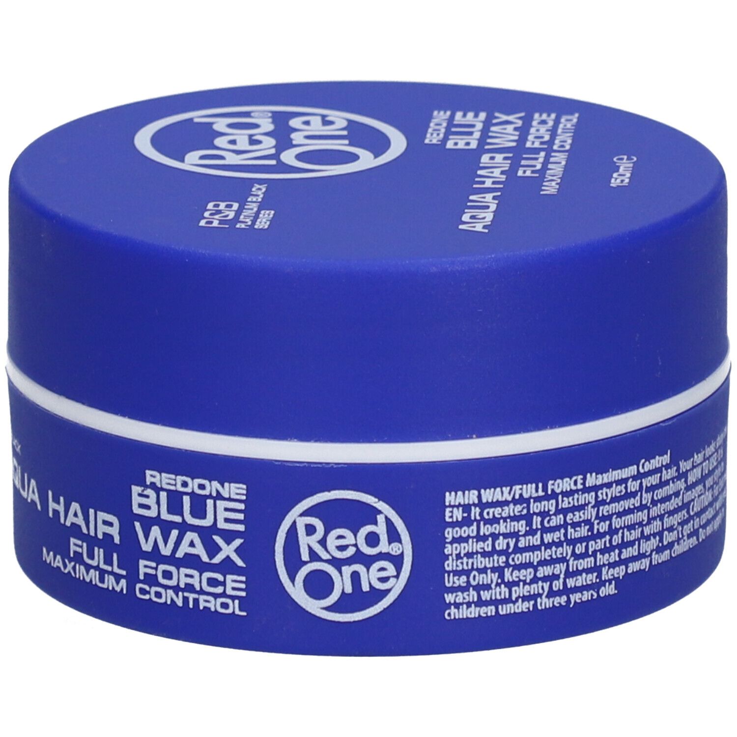 Blaue Dose mit weißem Deckel. Aufschrift: Red One Aqua Hair Wax Blue Full Force Maximum Control. Text in Englisch.