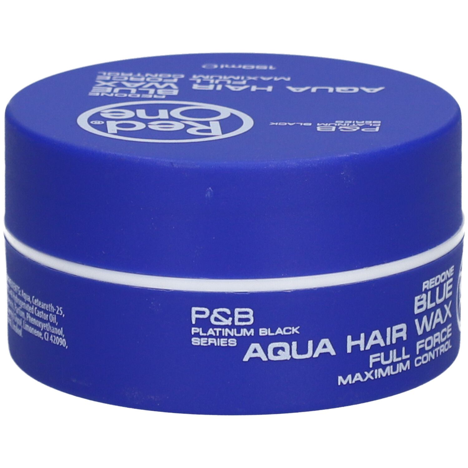 Blaue Dose mit weißem Deckel. Aufschrift: Red One Aqua Hair Wax Blue Maximum Control. Text in Englisch und Deutsch.