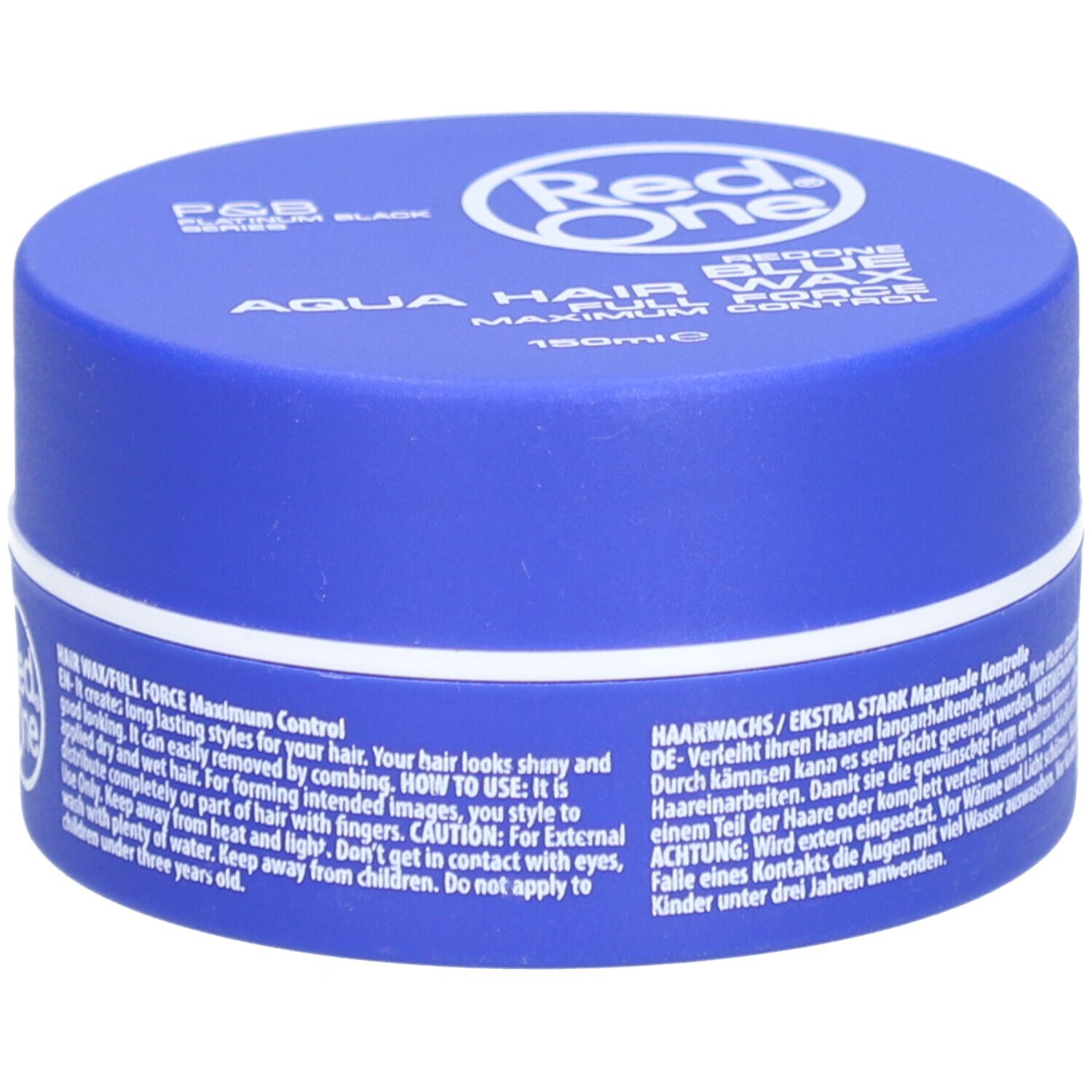 Blaue Dose mit weißem Deckel. Aufschrift: Red One Aqua Hair Wax Blue Maximum Control. Text in Englisch und Deutsch.