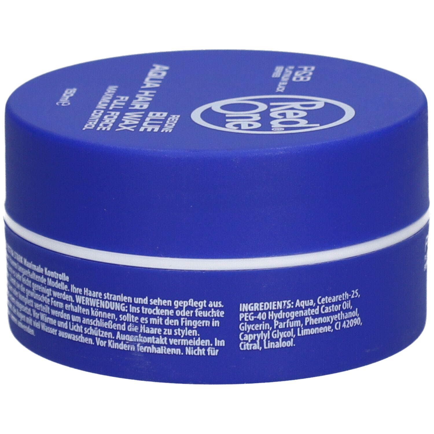 Blaue Dose mit weißem Deckel. Aufschrift: Red One Aqua Hair Wax Blue Full Force Maximum Control. Zutatenliste.