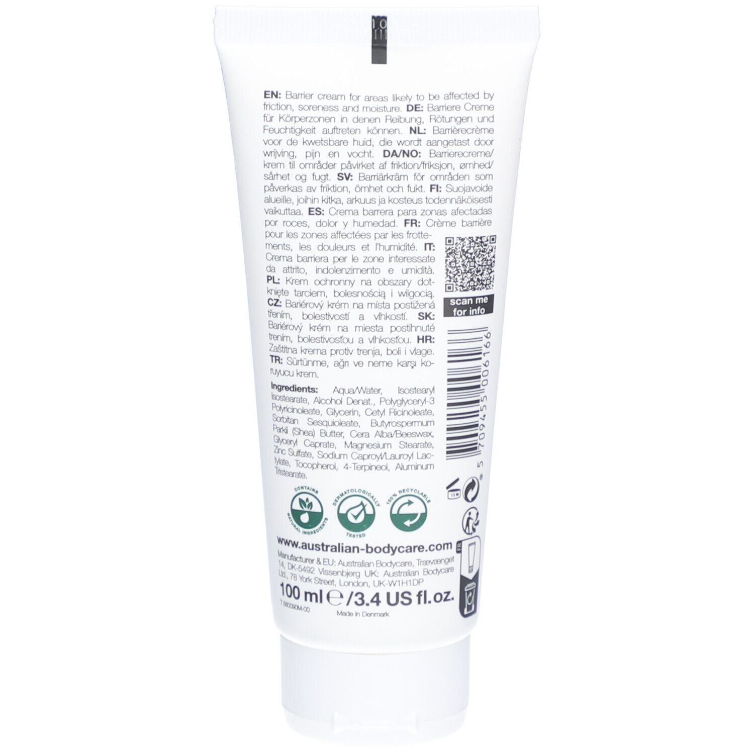 Rückseite der Tube Barrierecreme. Text in mehreren Sprachen. Inhaltsstoffe und Logo. Volumen: 100 ml.