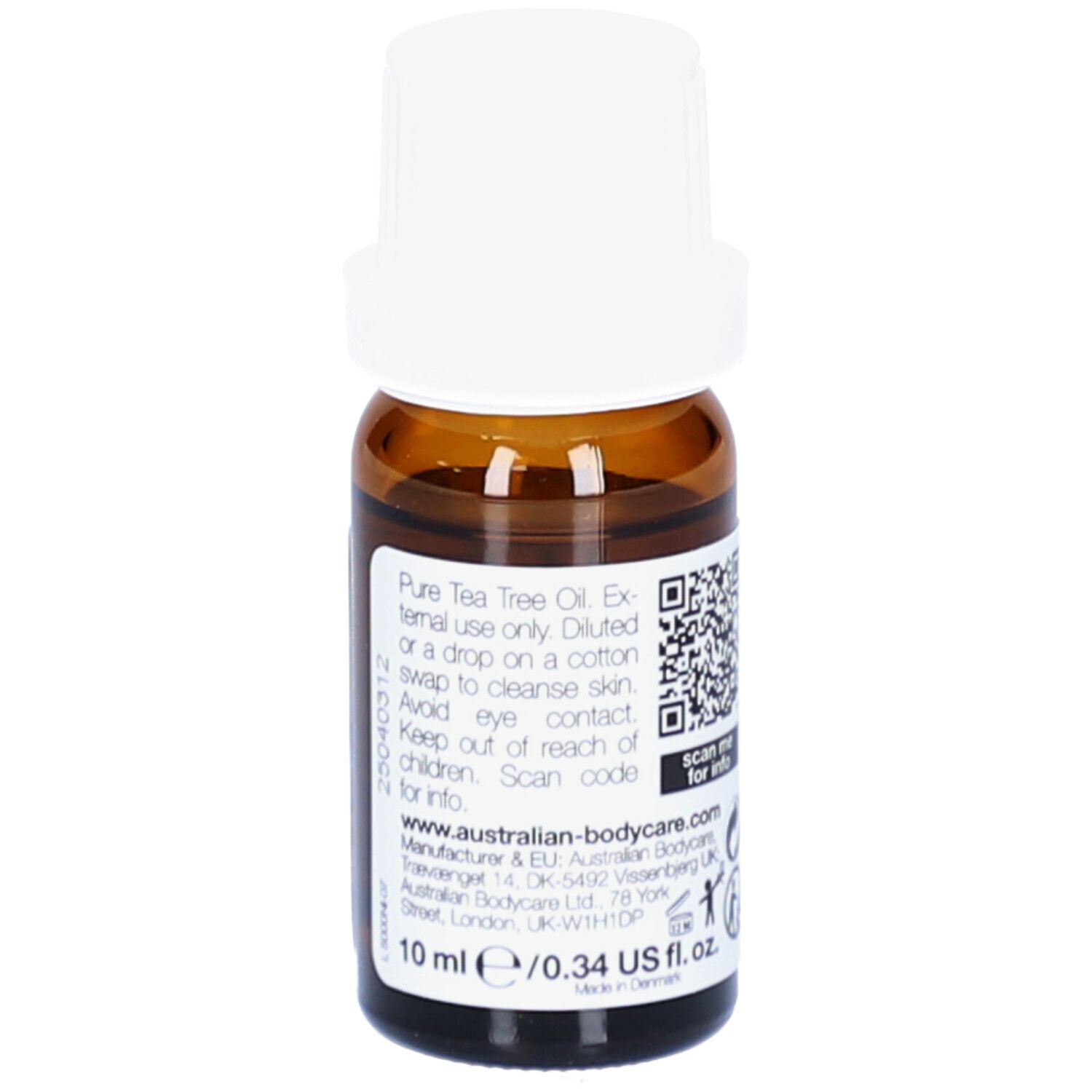 Braune Glasflasche mit weißem Deckel. Etikett mit Text und QR-Code. 10 ml/0,34 US fl. oz. Made in Germany.