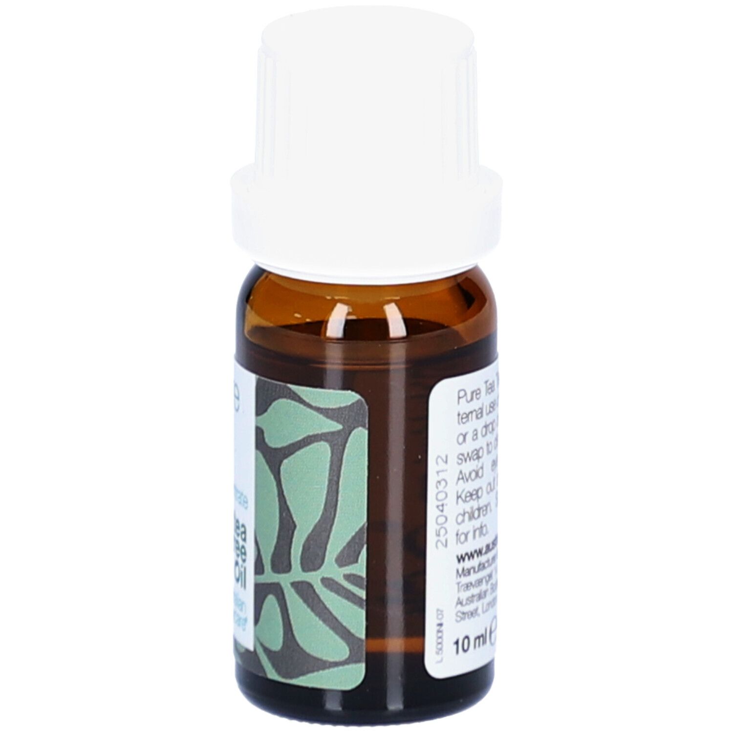 Braune Glasflasche mit weißem Deckel. Etikett mit grünem Muster und Text. 10 ml.