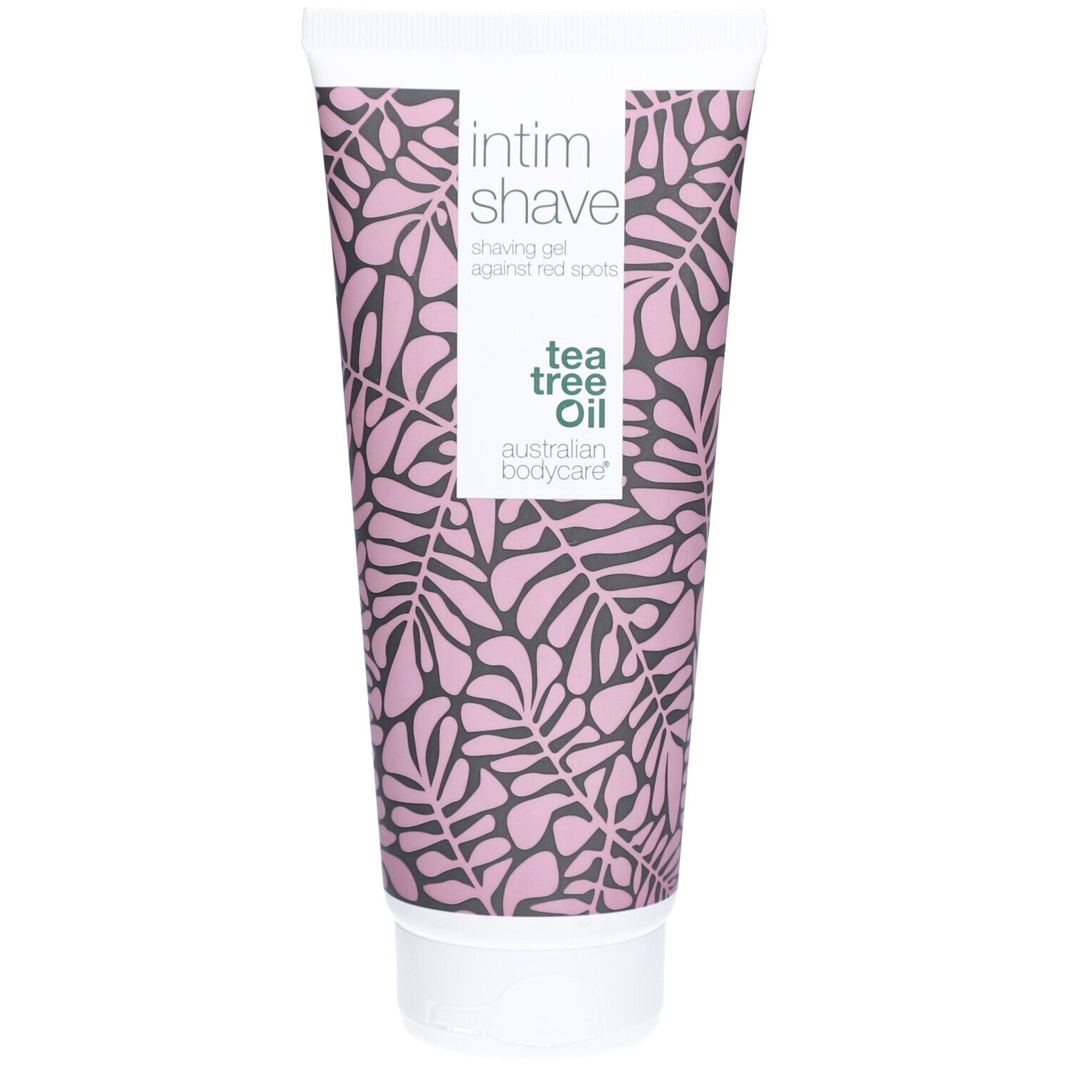 Tube mit Rasiergel. Floralmuster, Schriftzug: Intim Shave, Tea Tree Oil, Australian Bodycare.