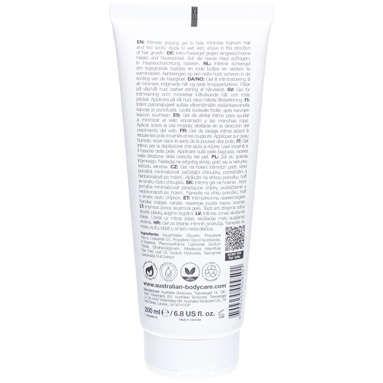 Rückseite der Tube mit Rasiergel. Text in mehreren Sprachen, Inhaltsstoffe, QR-Code.