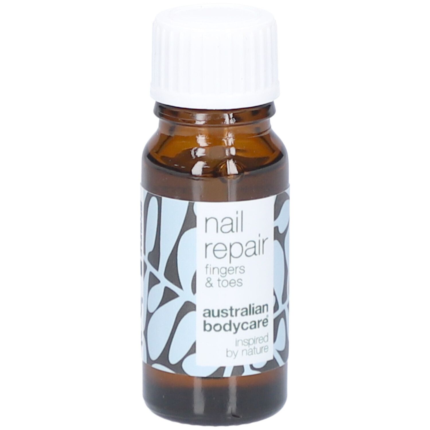 Braune Flasche mit weißem Deckel. Aufkleber mit Text: nail repair, fingers & toes, australian bodycare.