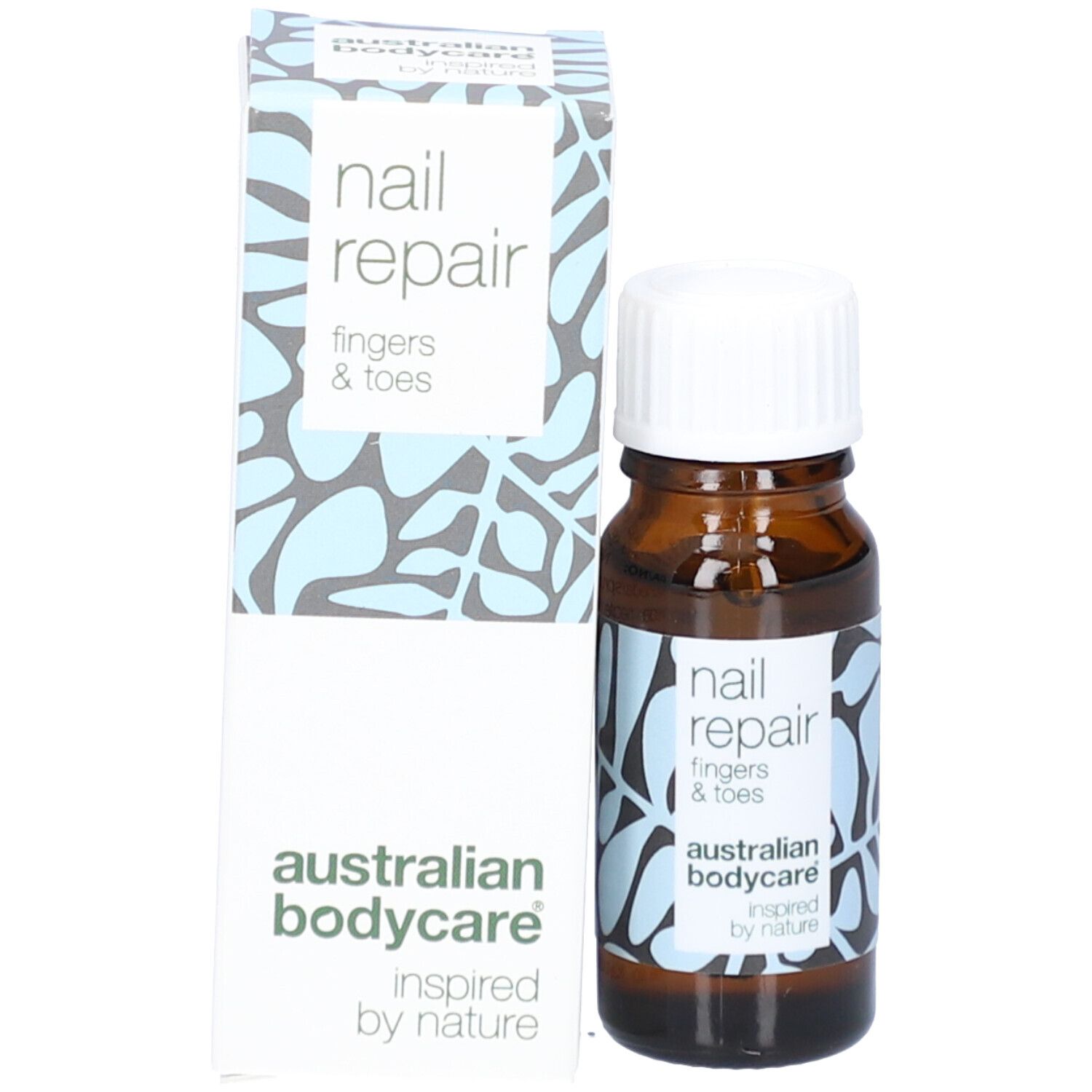 Produktflasche und Schachtel. Aufkleber und Text: nail repair, fingers & toes, australian bodycare.