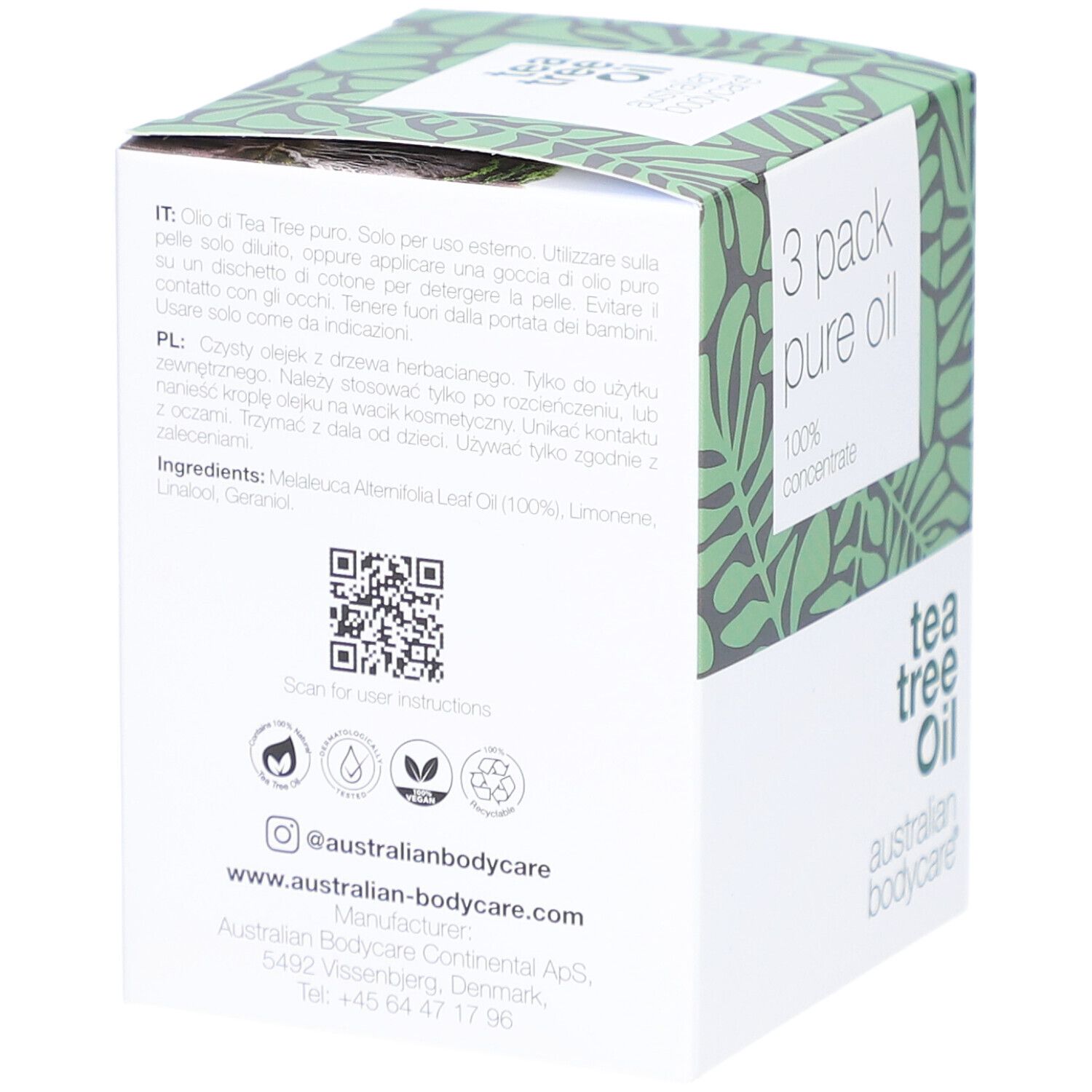 Rückseite der Verpackung mit Produktinformationen, QR-Code und Kontaktinformationen.